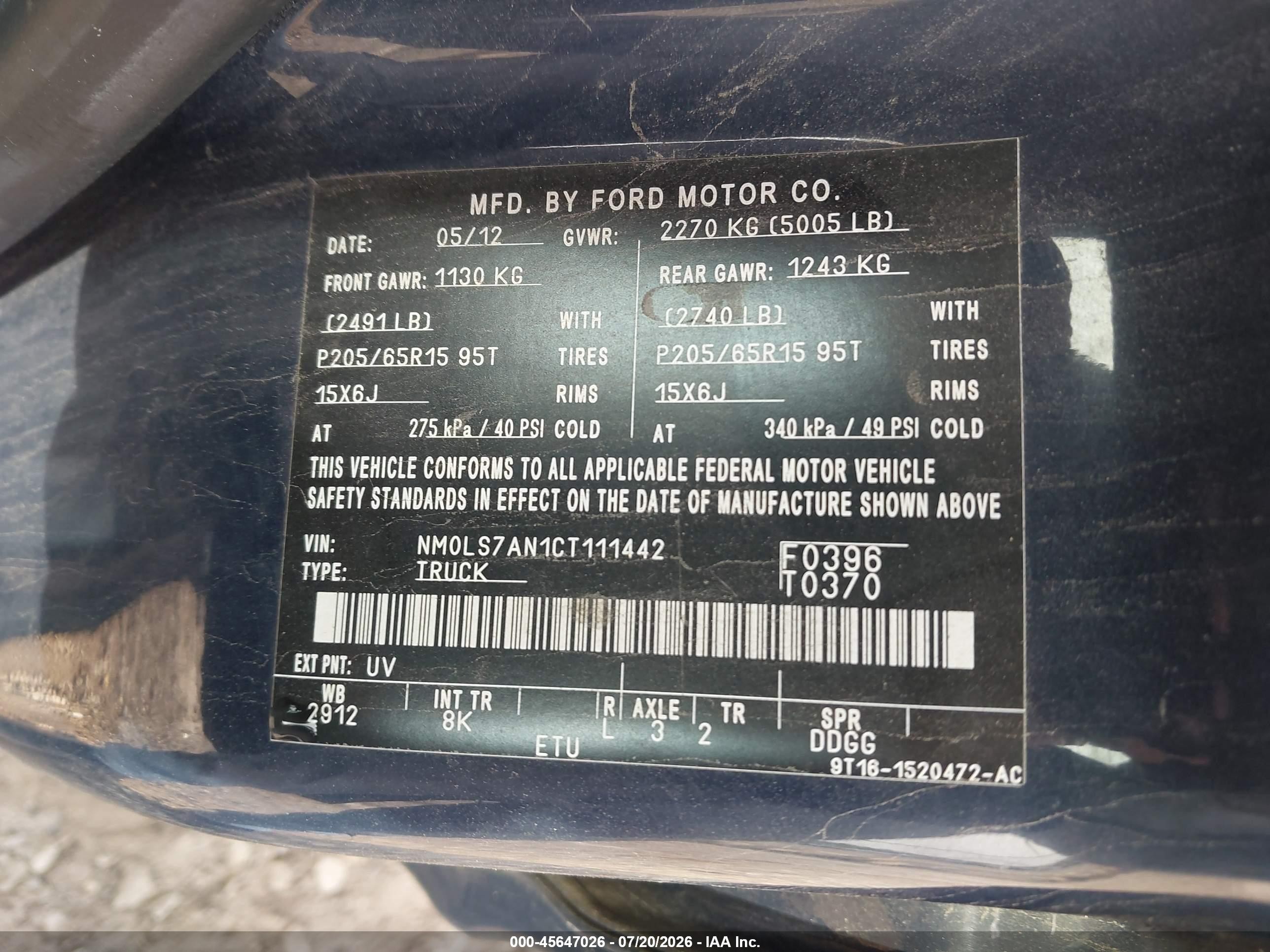 2012 Ford Transit Connect Xl Blue vin: NM0LS7AN1CT111442