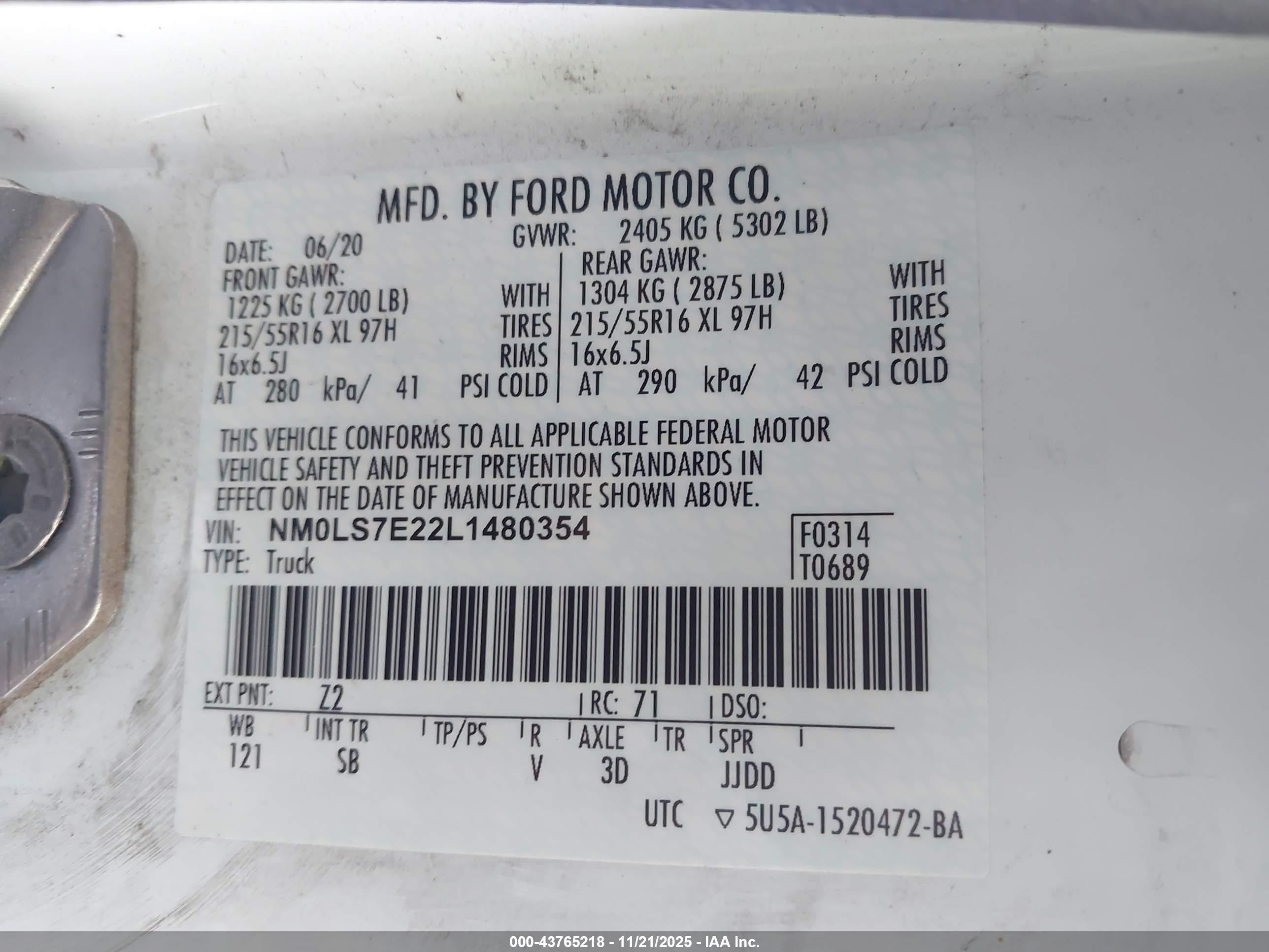 2020 Ford Transit Connect Xl White vin: NM0LS7E22L1480354