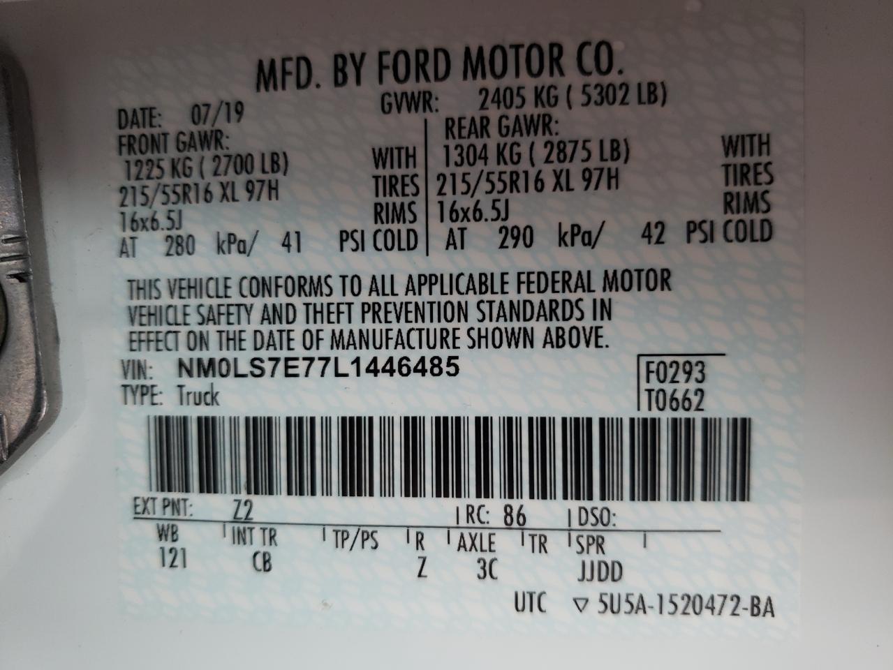 2020 Ford Transit Connect Xl White vin: NM0LS7E77L1446485