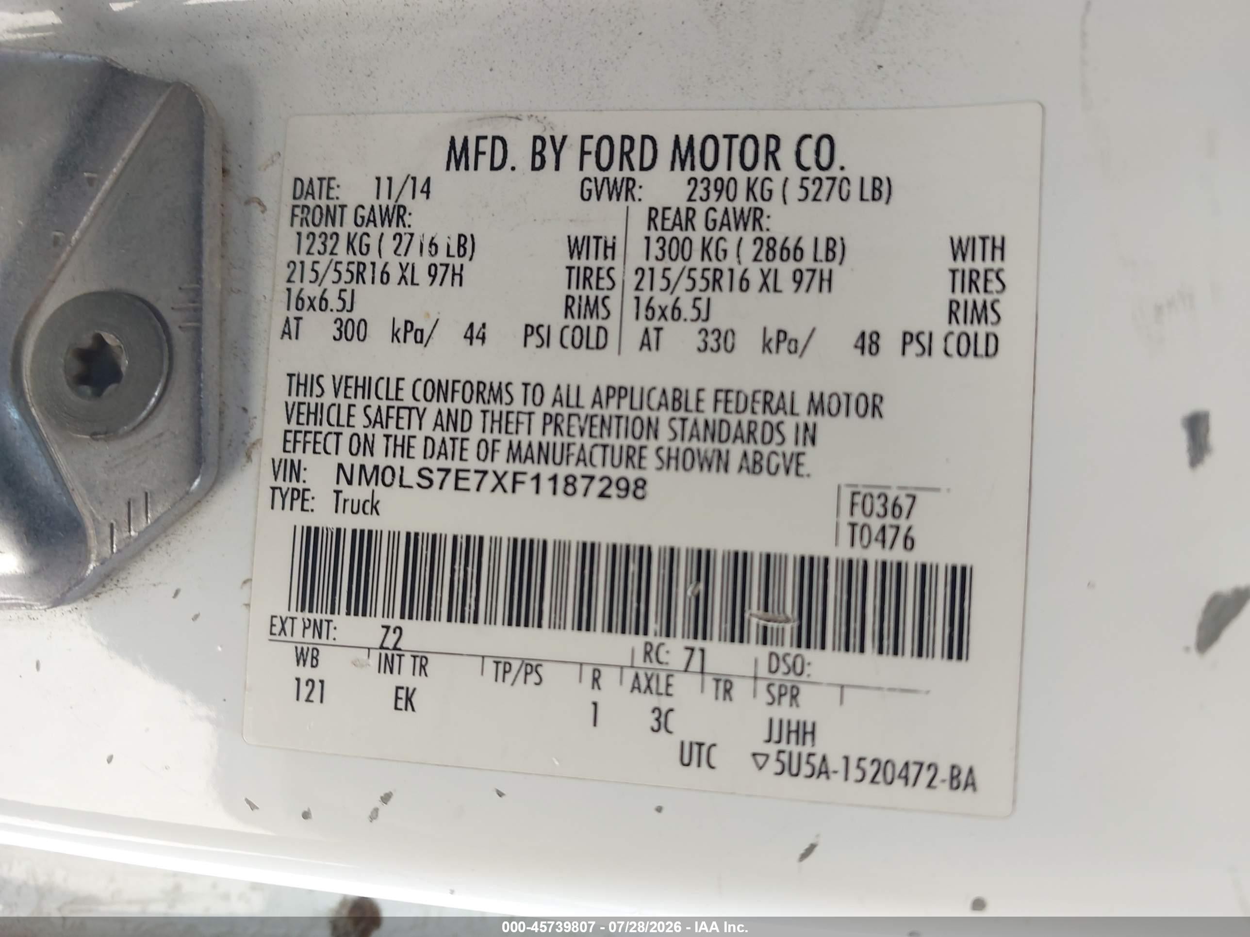2015 Ford Transit Connect Xl White vin: NM0LS7E7XF1187298
