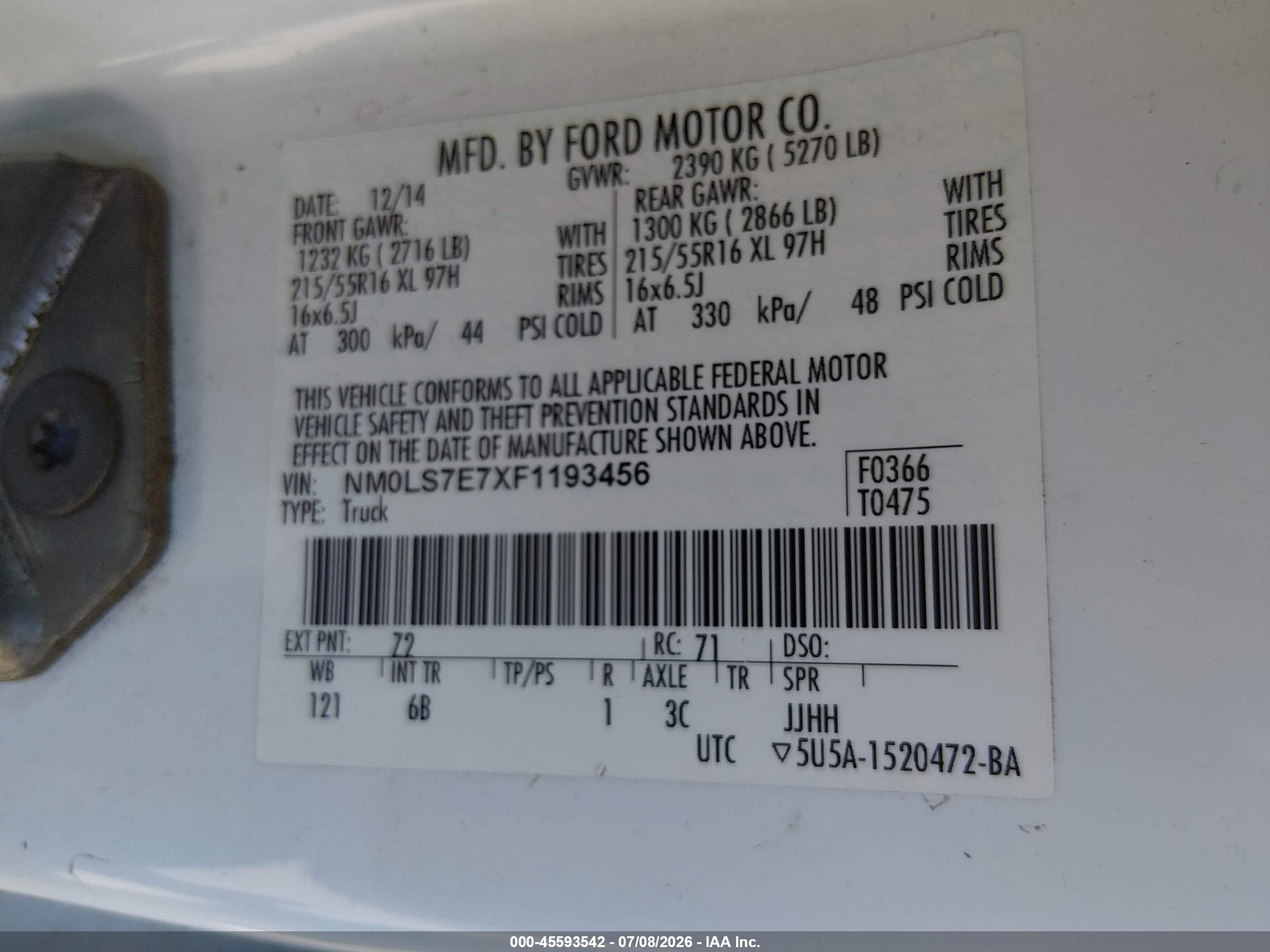 2015 Ford Transit Connect Xl White vin: NM0LS7E7XF1193456