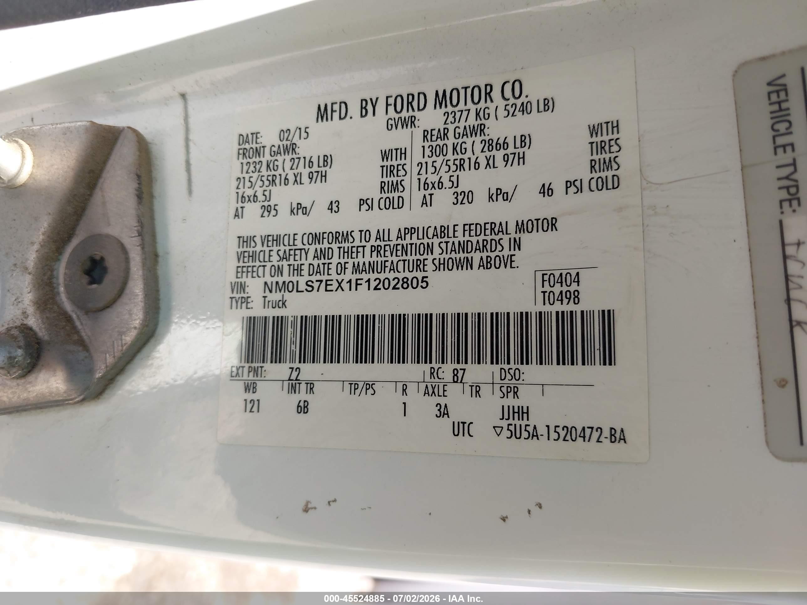2015 Ford Transit Connect Xl White vin: NM0LS7EX1F1202805