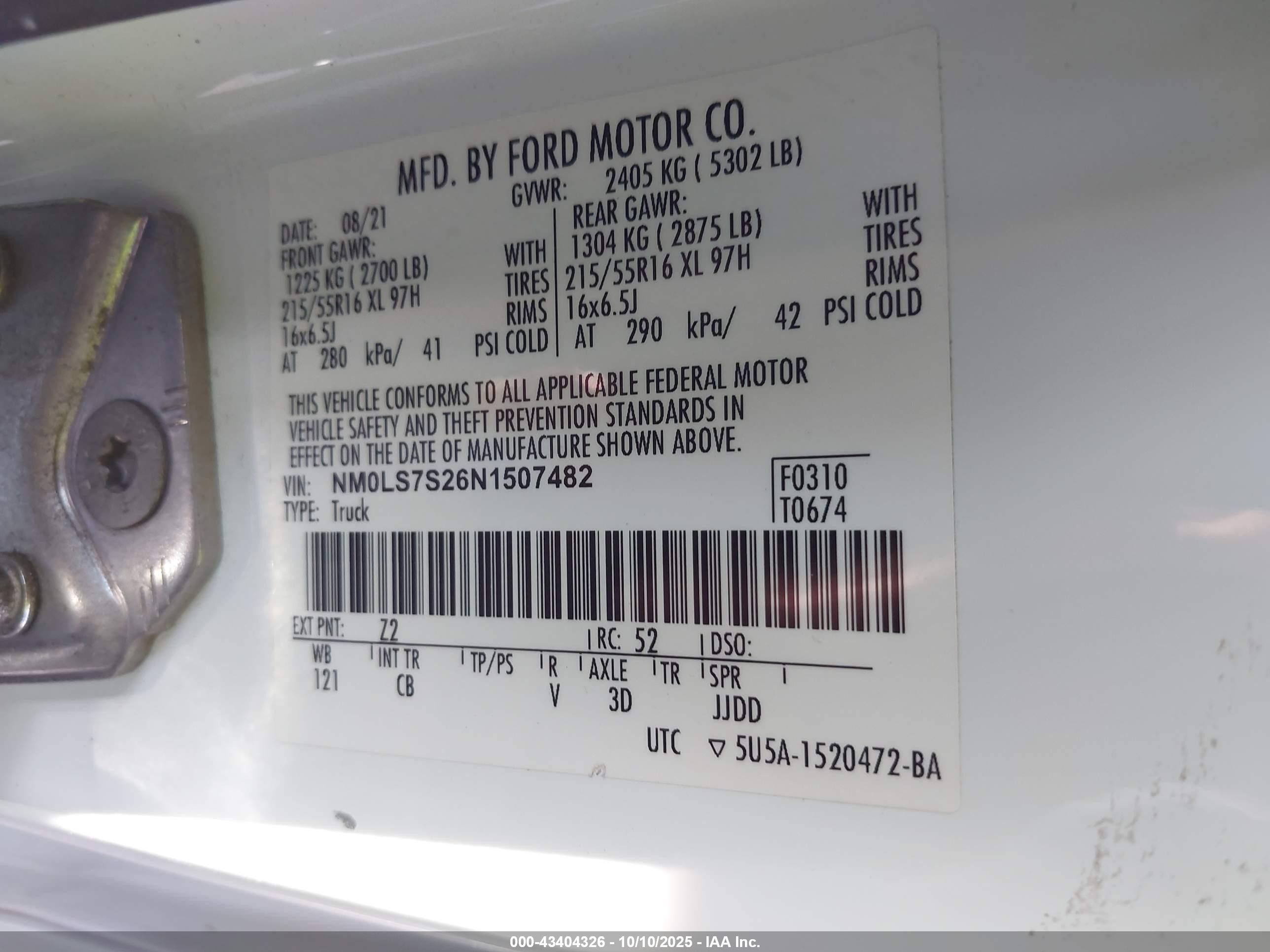 2022 Ford Transit Connect Xl White vin: NM0LS7S26N1507482
