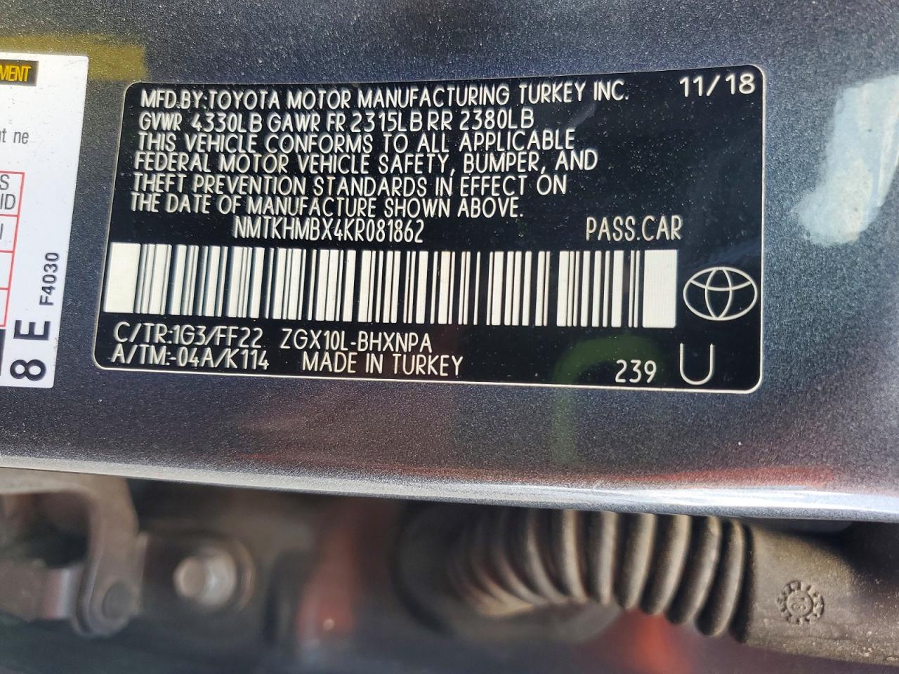 2019 Toyota C-hr Xle Серый vin: NMTKHMBX4KR081862
