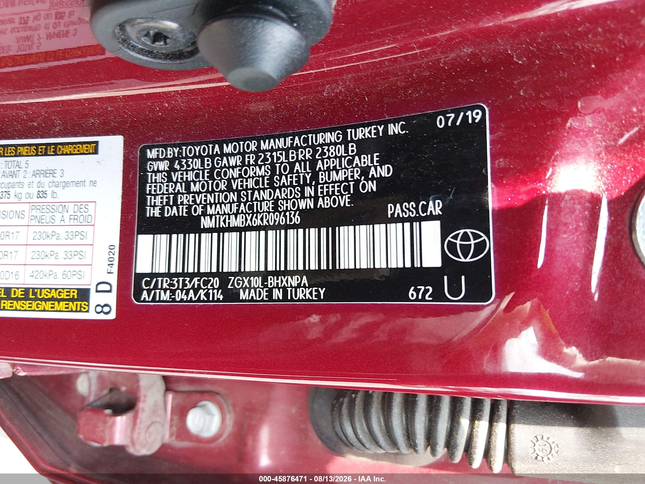 2019 Toyota C-hr Le Красный vin: NMTKHMBX6KR096136