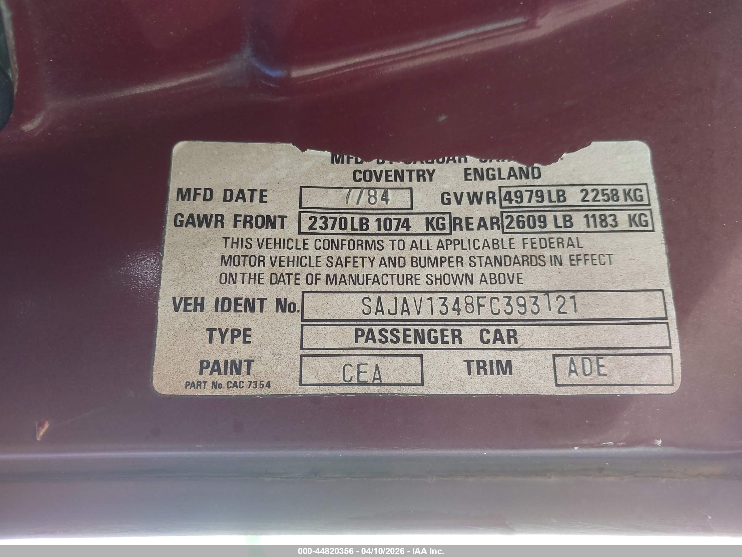 1985 Jaguar Xj6   Maroon vin: SAJAV1348FC393121