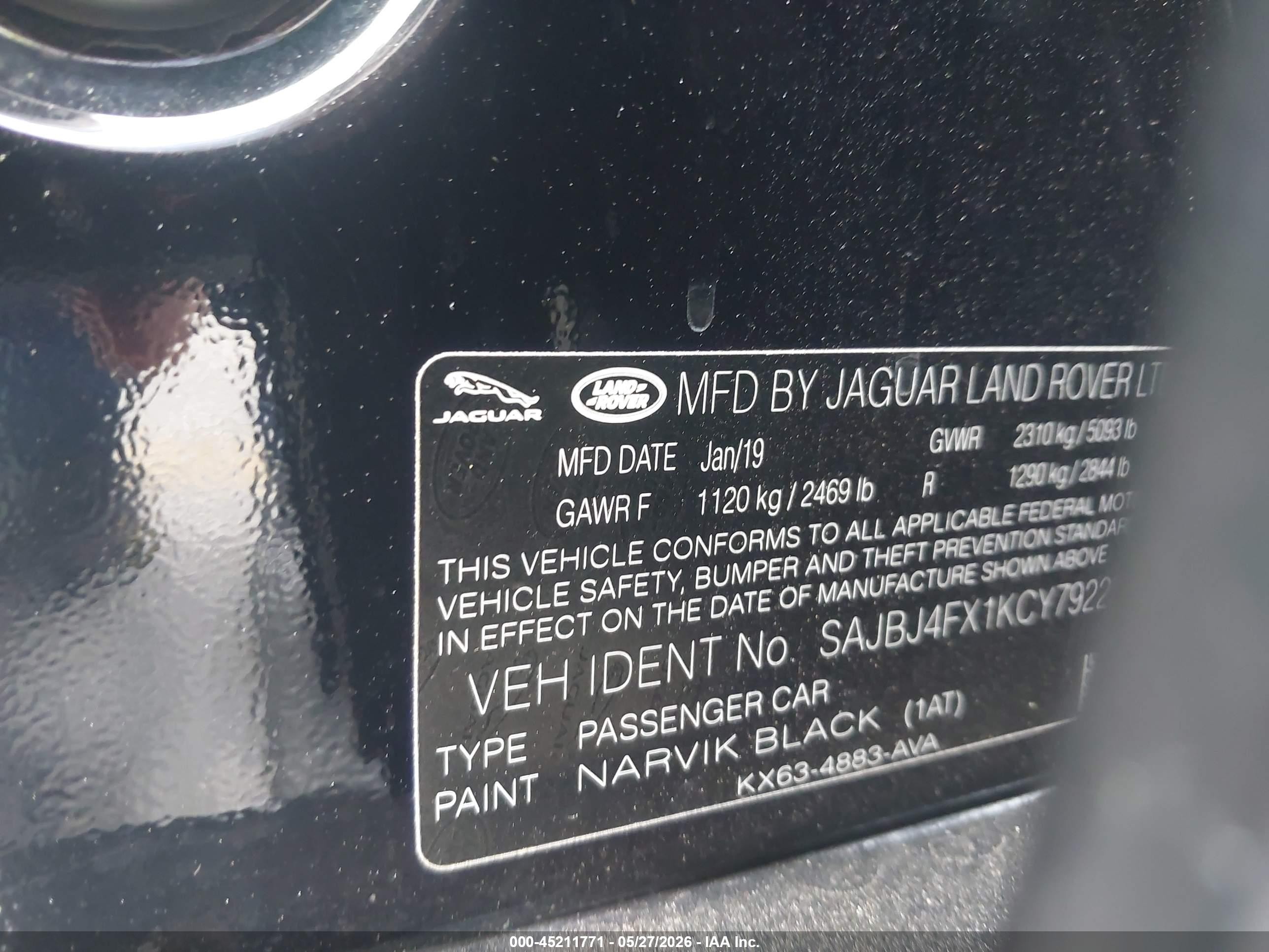 2019 Jaguar Xf 25t Premium Black vin: SAJBJ4FX1KCY79223