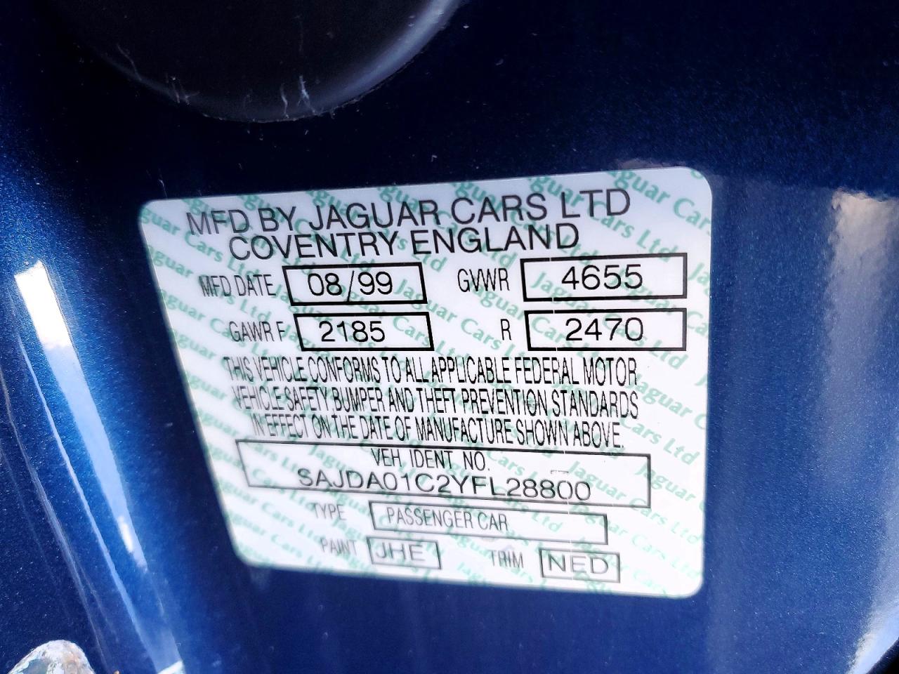 2000 Jaguar S-type Blue vin: SAJDA01C2YFL28800