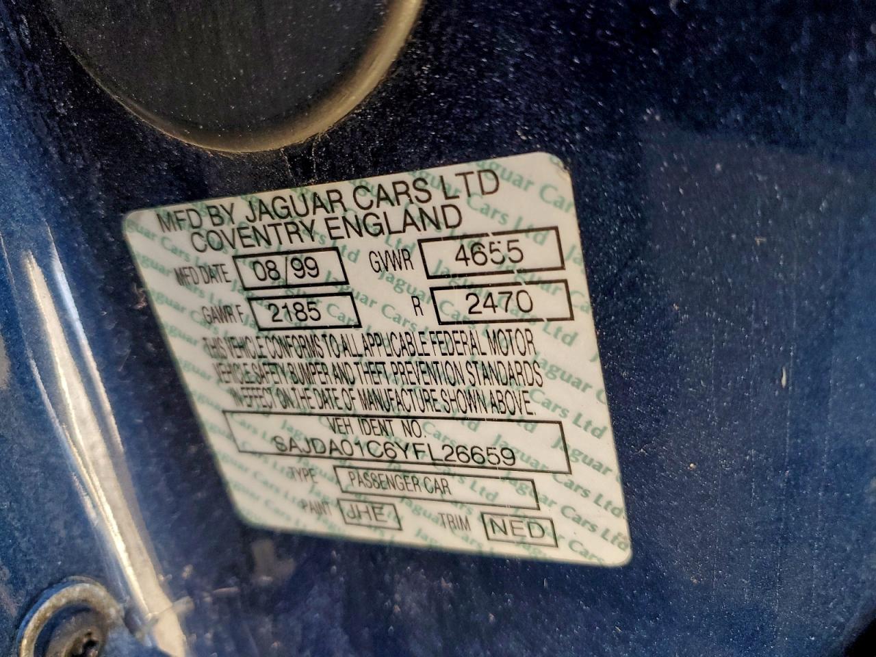 2000 Jaguar S-type Blue vin: SAJDA01C6YFL26659