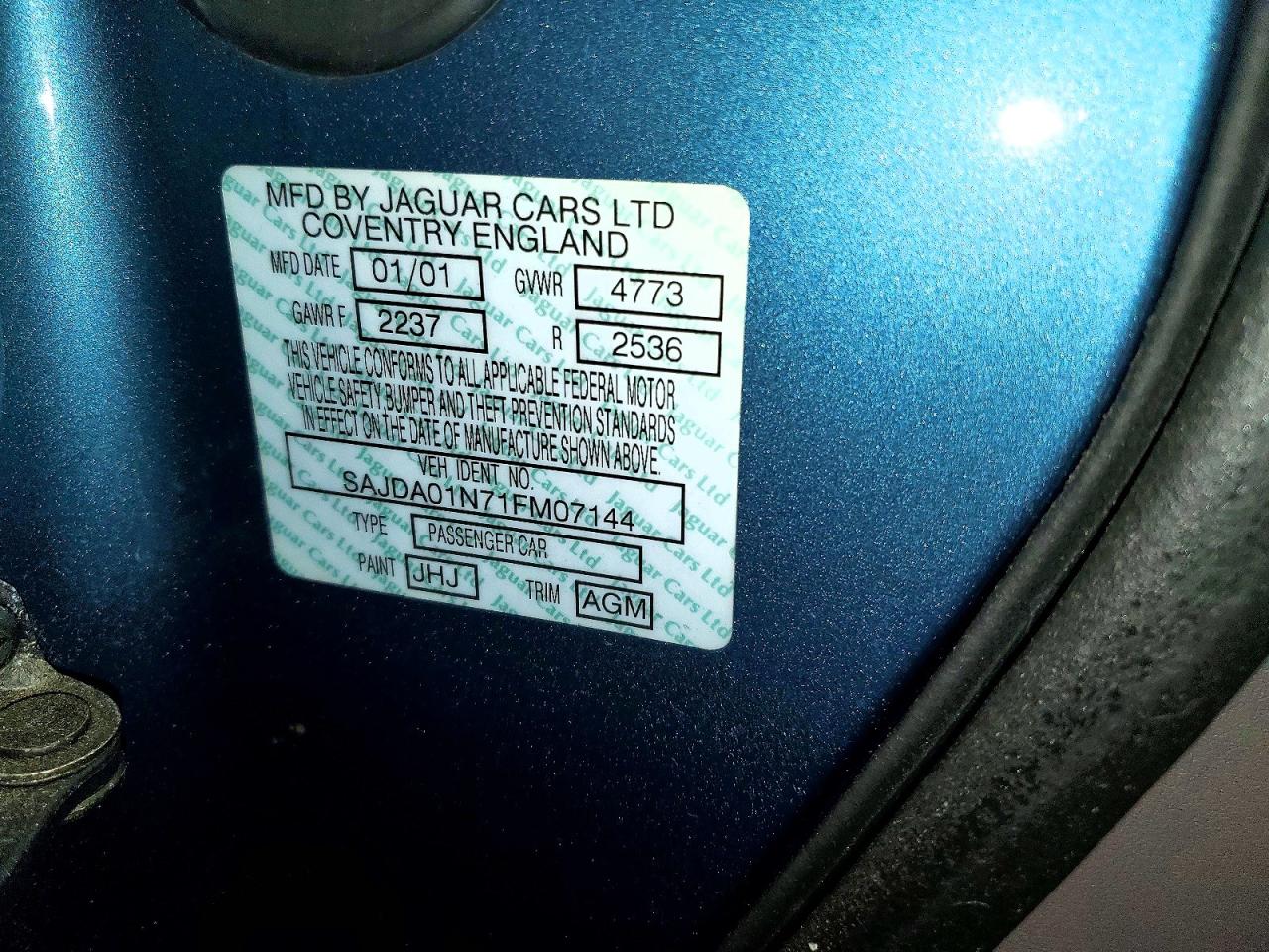 2001 Jaguar S-type Teal vin: SAJDA01N71FM07144