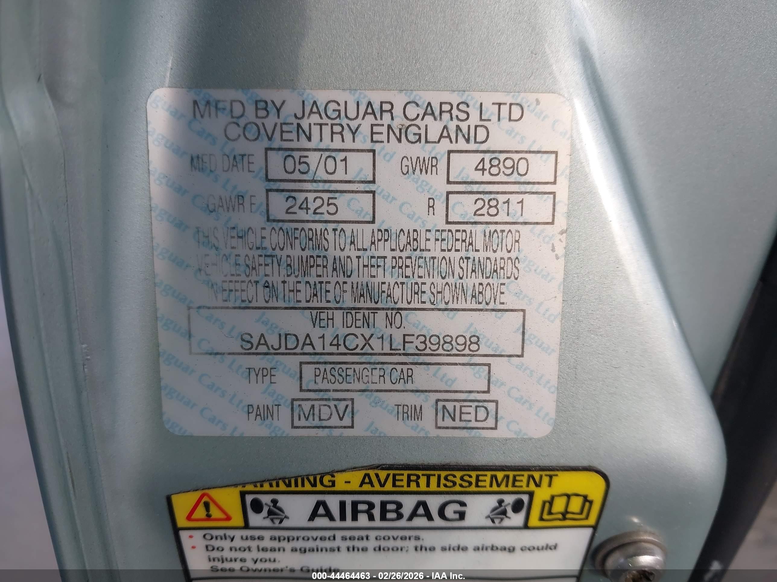 2001 Jaguar Xj8   Light Blue vin: SAJDA14CX1LF39898