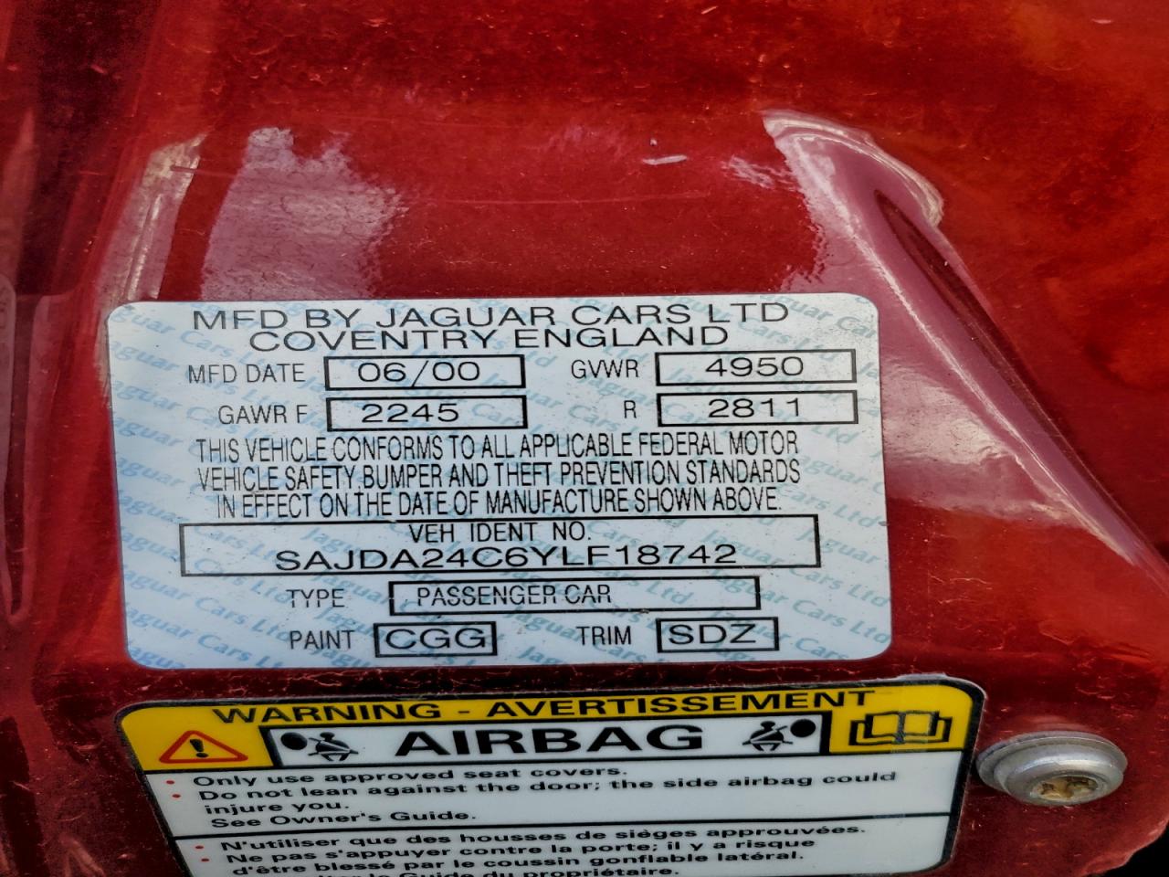 2000 Jaguar Vandenplas Burgundy vin: SAJDA24C6YLF18742
