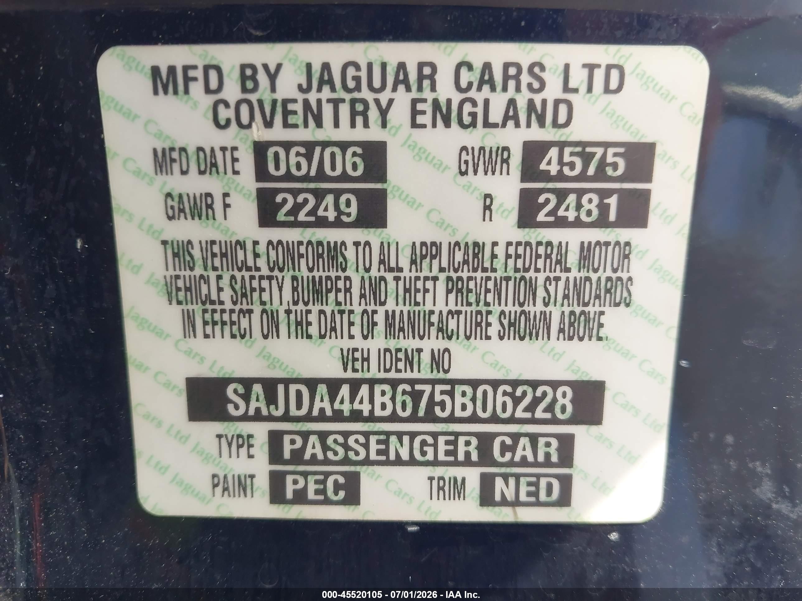 2007 Jaguar Xk   Black vin: SAJDA44B675B06228