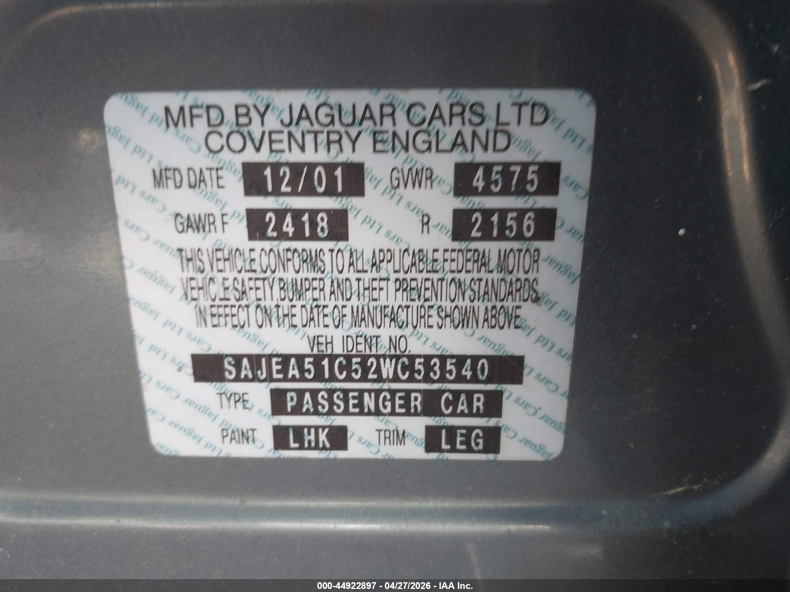 2002 Jaguar X-type 3.0l Silver vin: SAJEA51C52WC53540