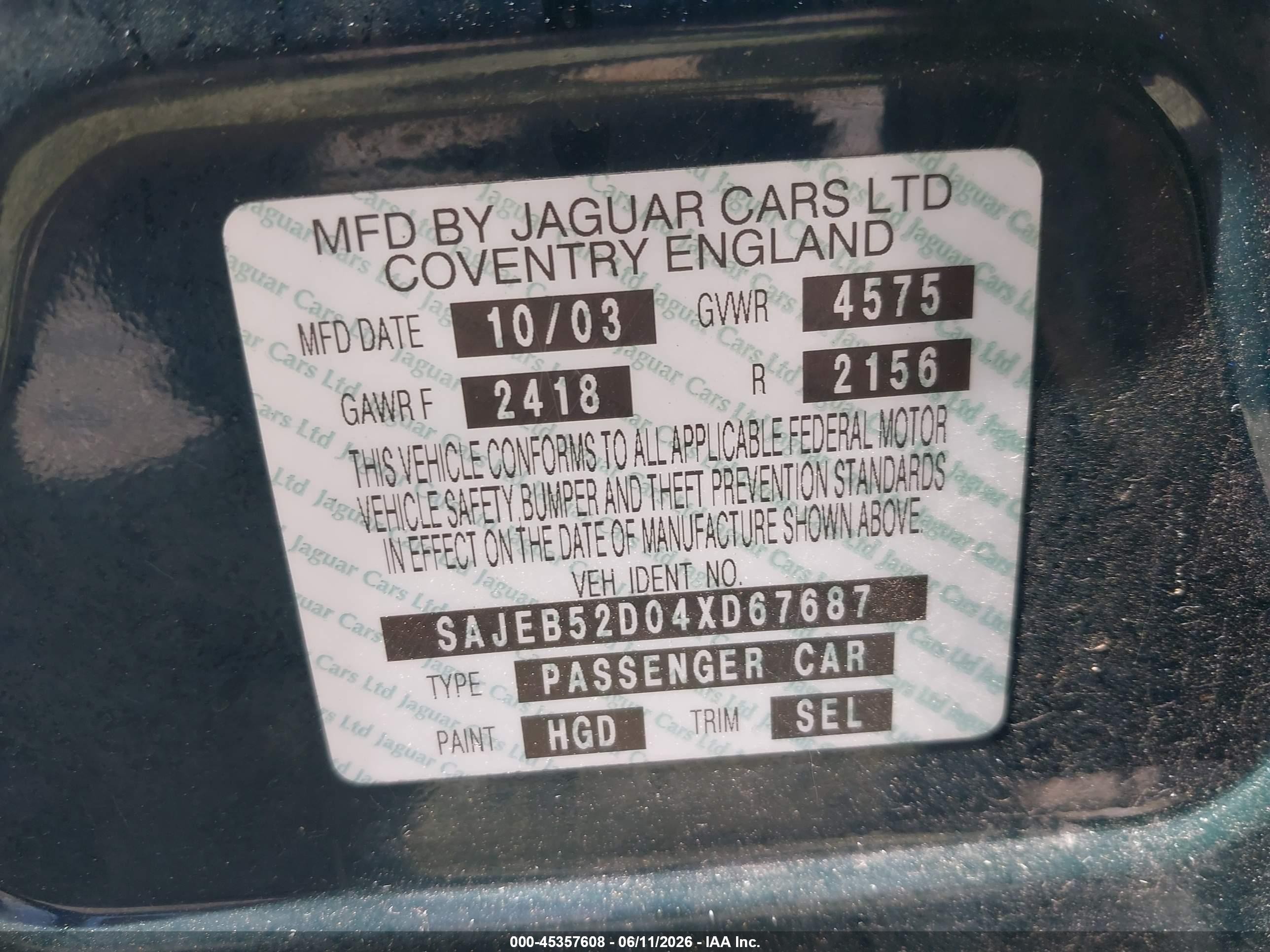 2004 Jaguar X-type 2.5 Green vin: SAJEB52D04XD67687