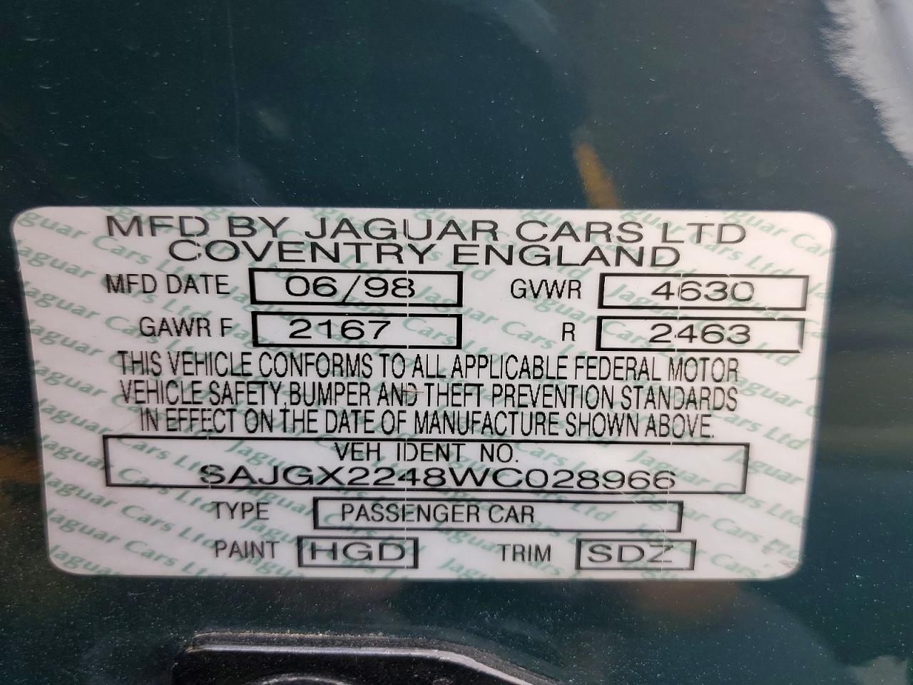 1998 Jaguar Xk8 Green vin: SAJGX2248WC028966