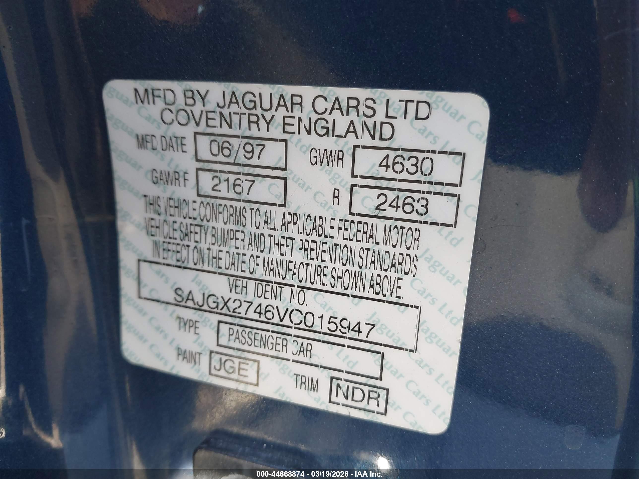 1997 Jaguar Xk8   Blue vin: SAJGX2746VC015947