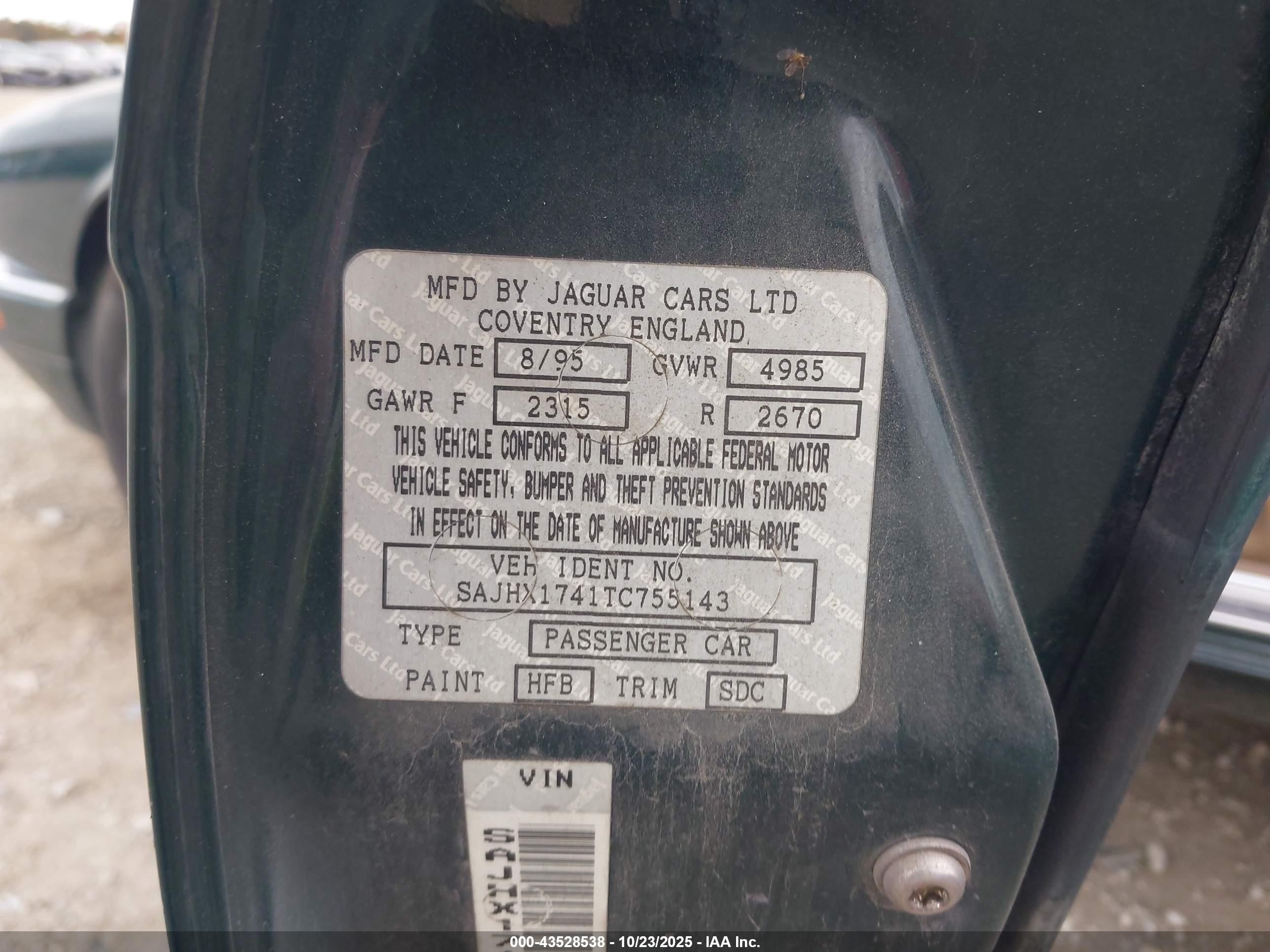 1996 Jaguar Xj6   Green vin: SAJHX1741TC755143