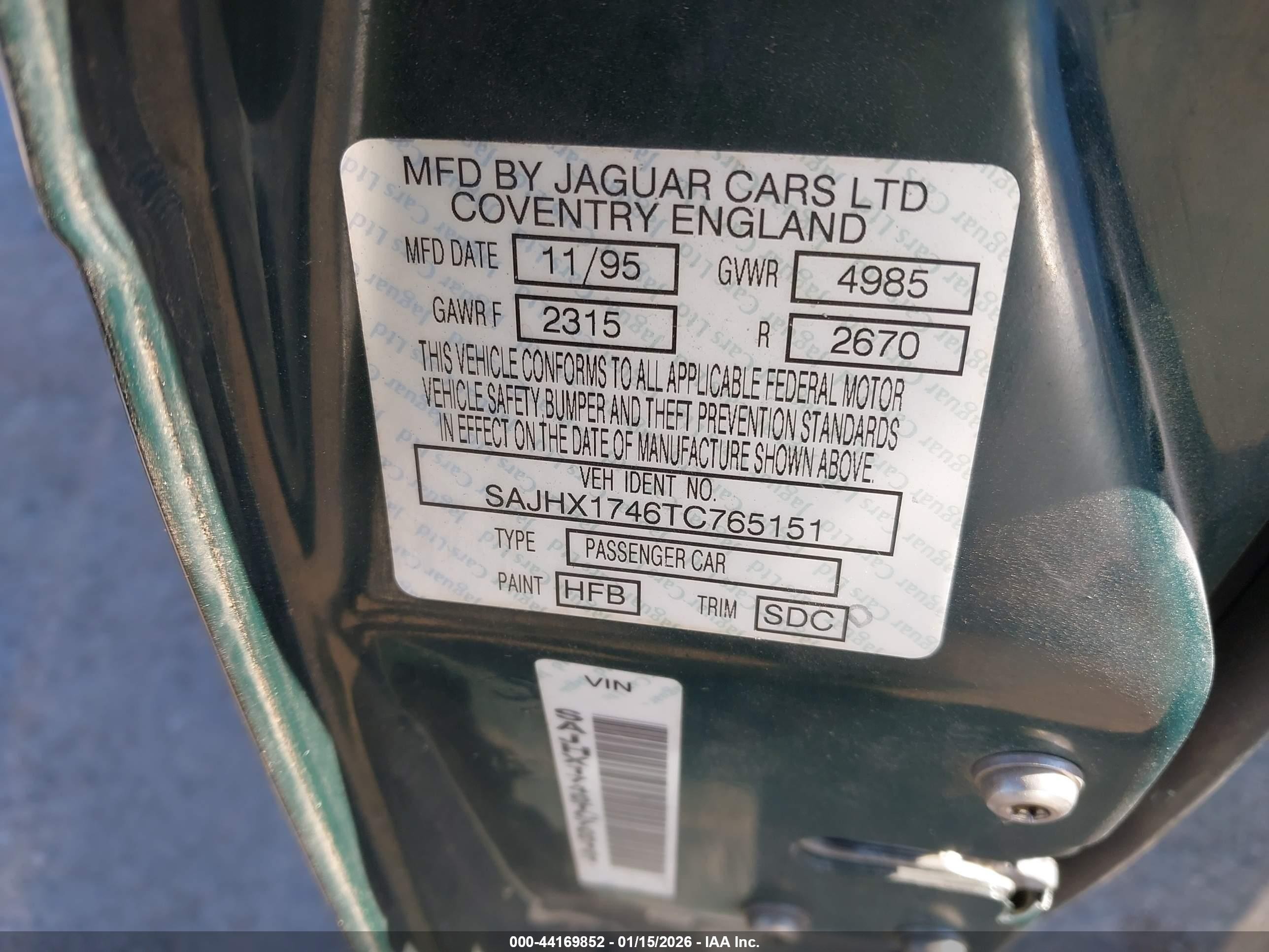 1996 Jaguar Xj6   Зеленый vin: SAJHX1746TC765151
