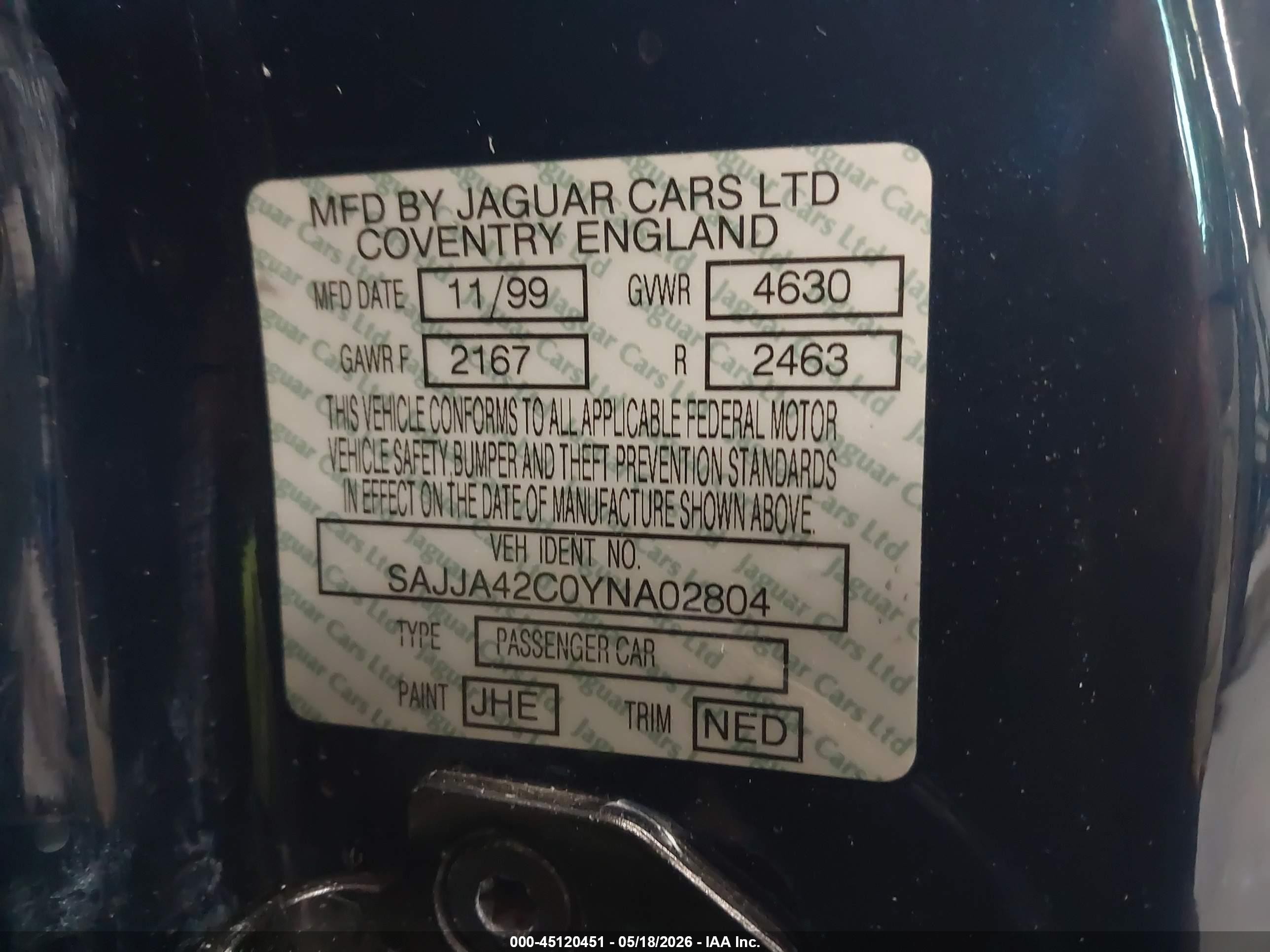 2000 Jaguar Xk8   Blue vin: SAJJA42C0YNA02804