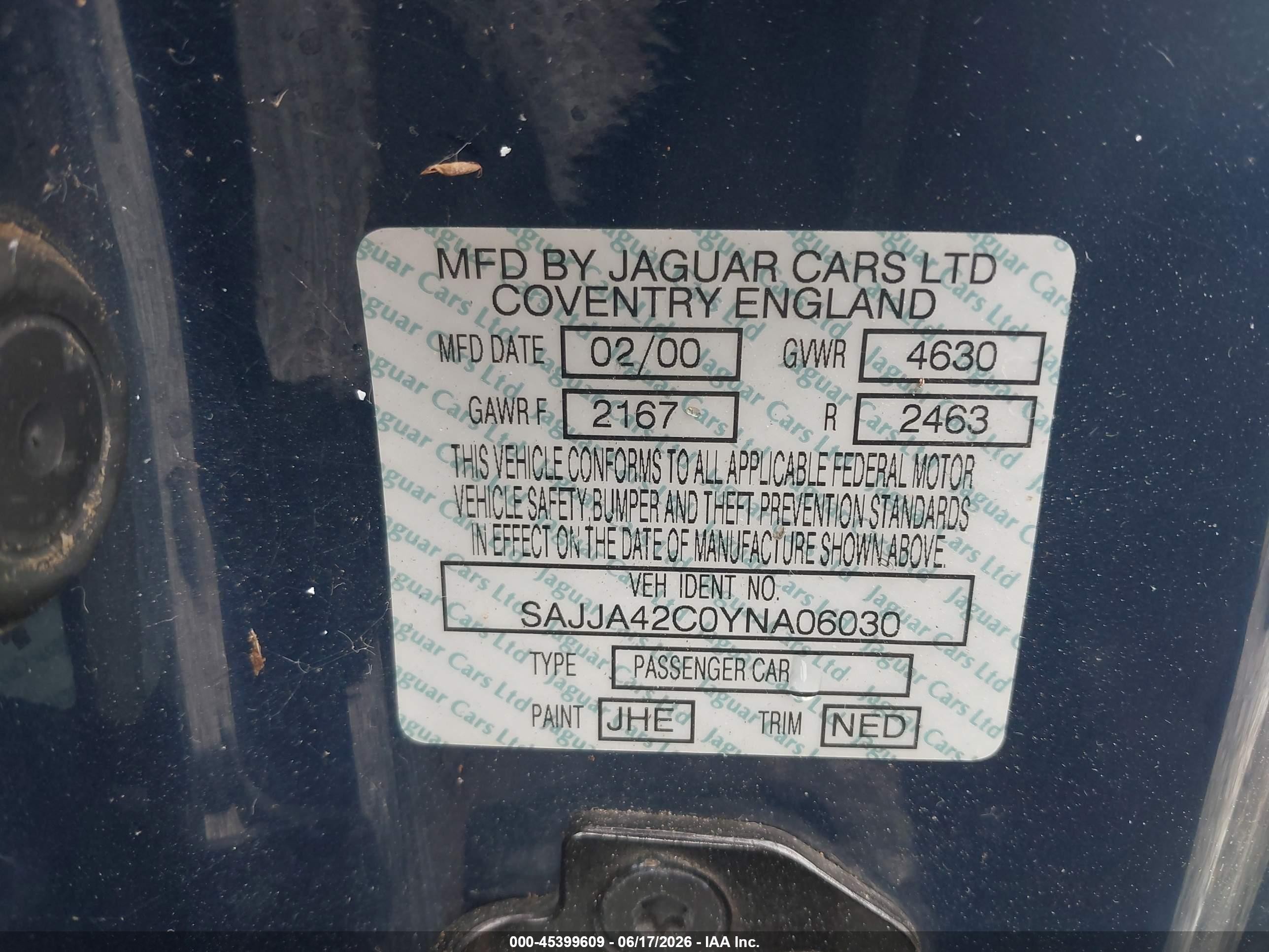 2000 Jaguar Xk8   Dark Blue vin: SAJJA42C0YNA06030