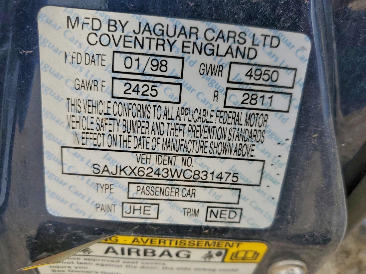 1998 Jaguar Vandenplas Blue vin: SAJKX6243WC831475