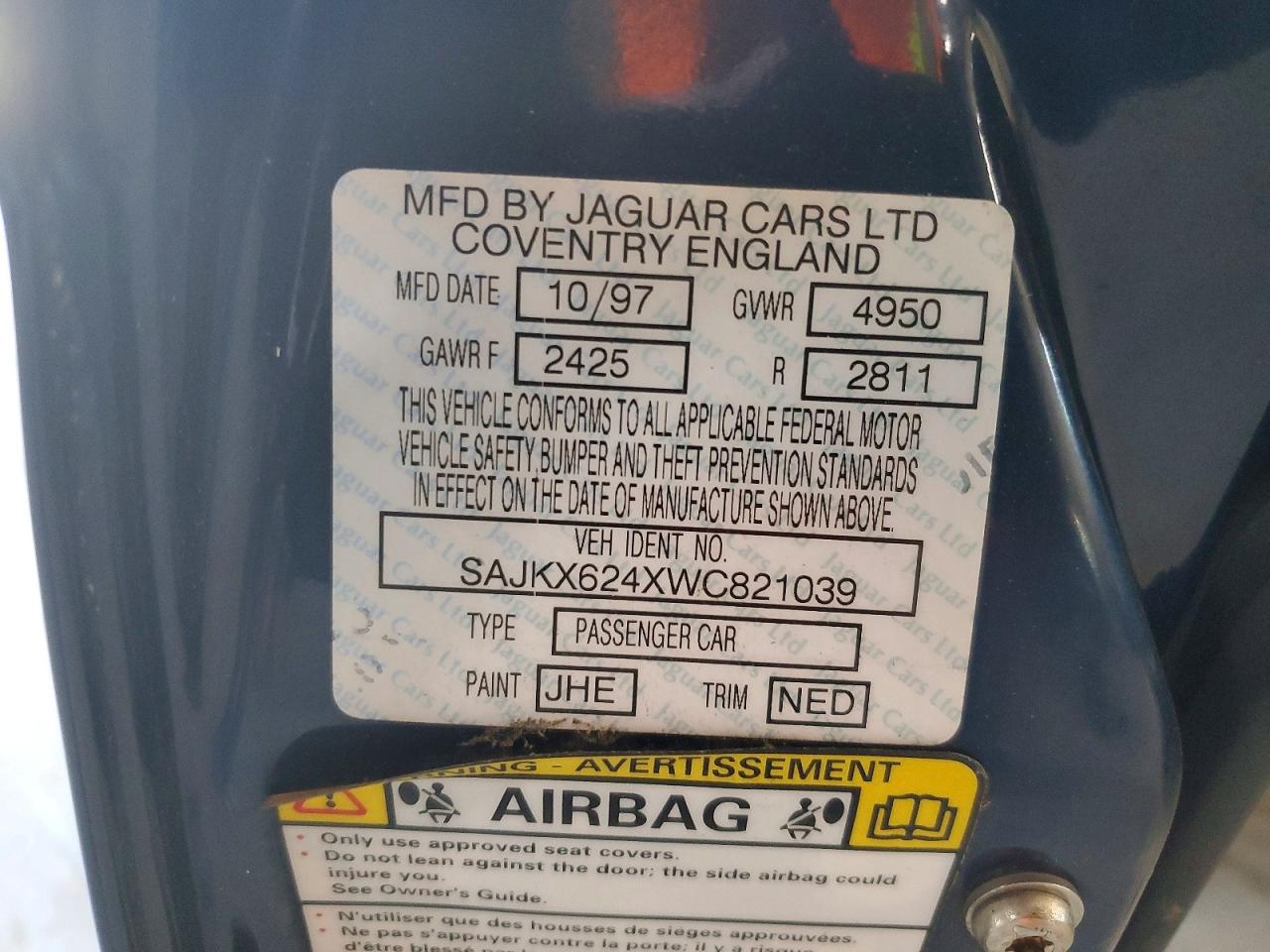 1998 Jaguar Vandenplas Blue vin: SAJKX624XWC821039