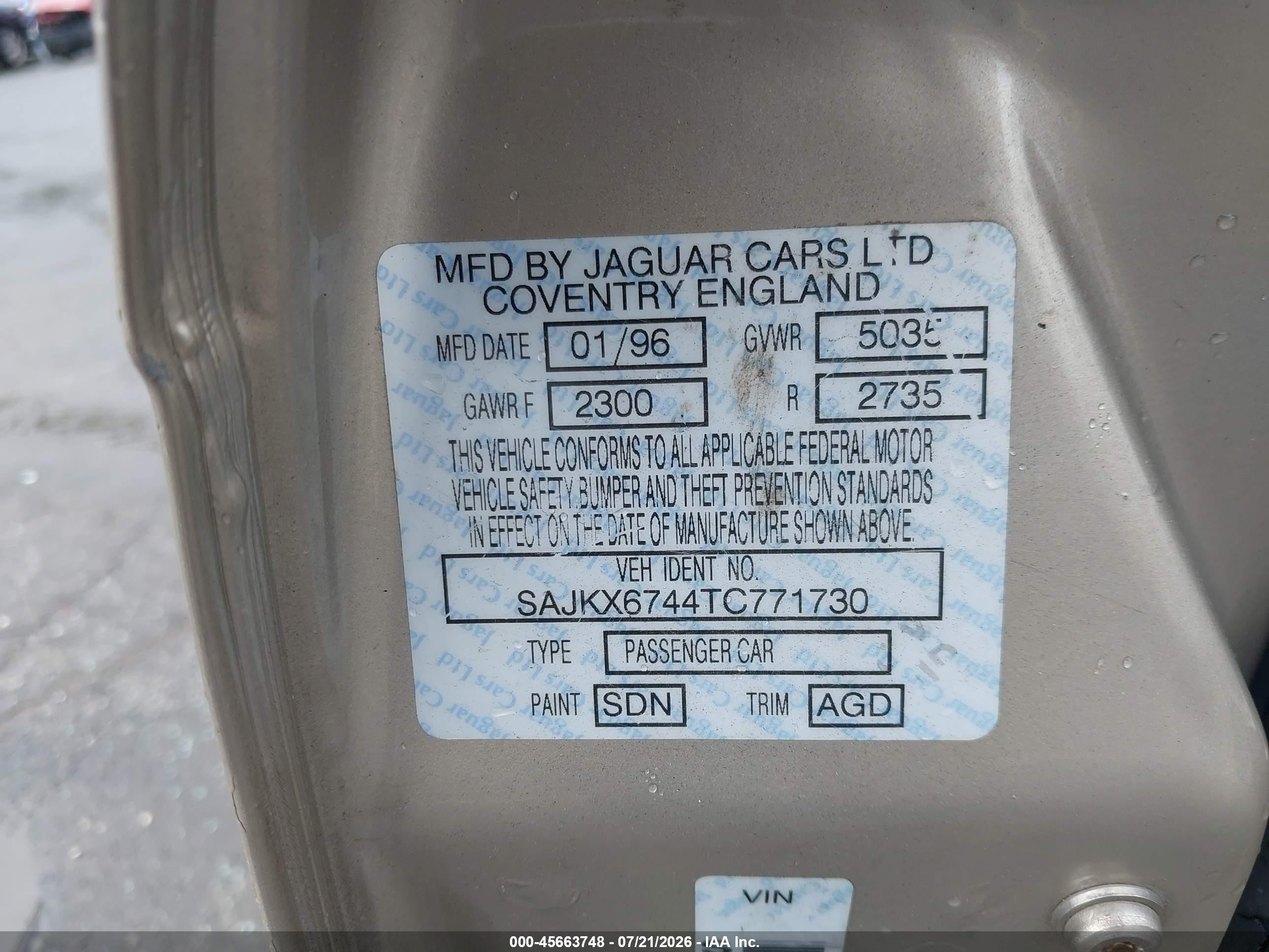1996 Jaguar Vandenplas   Золотой vin: SAJKX6744TC771730