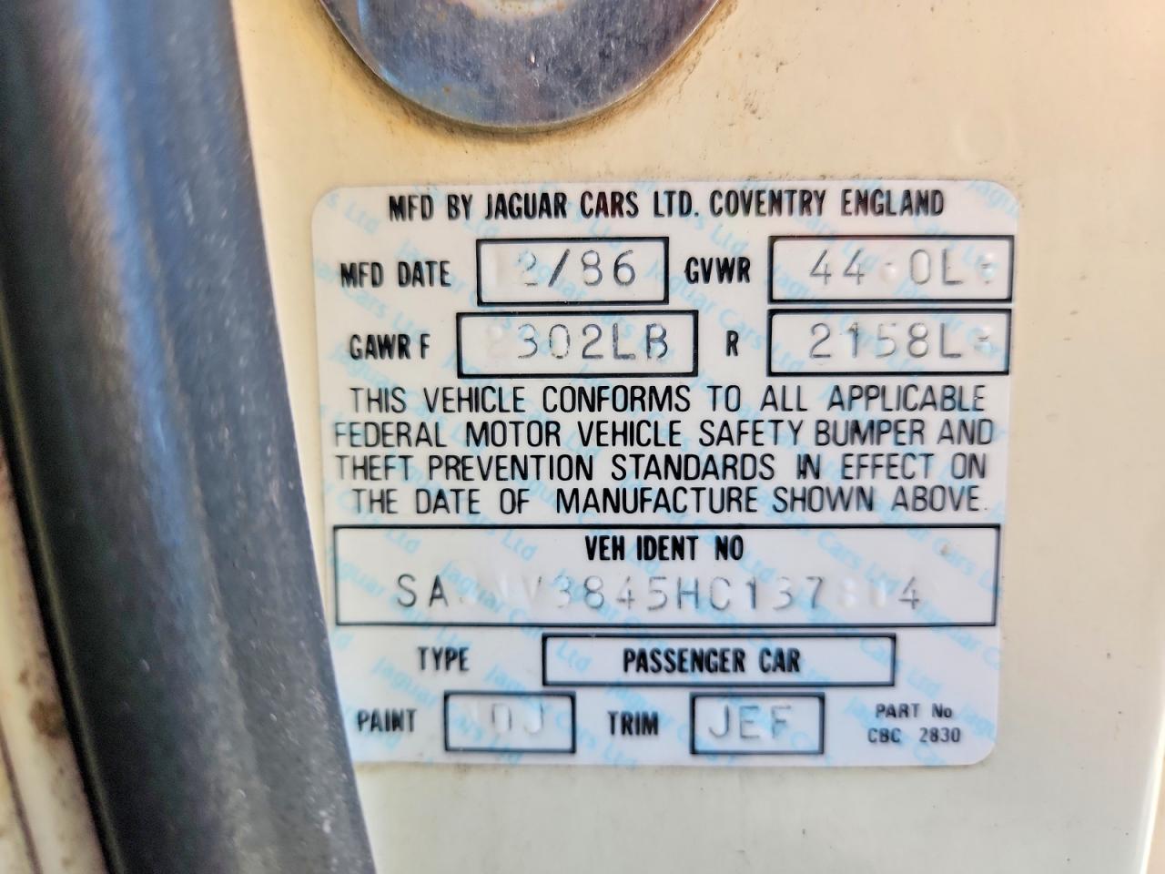 1987 Jaguar Xjsc He Cream vin: SAJNV3845HC137804