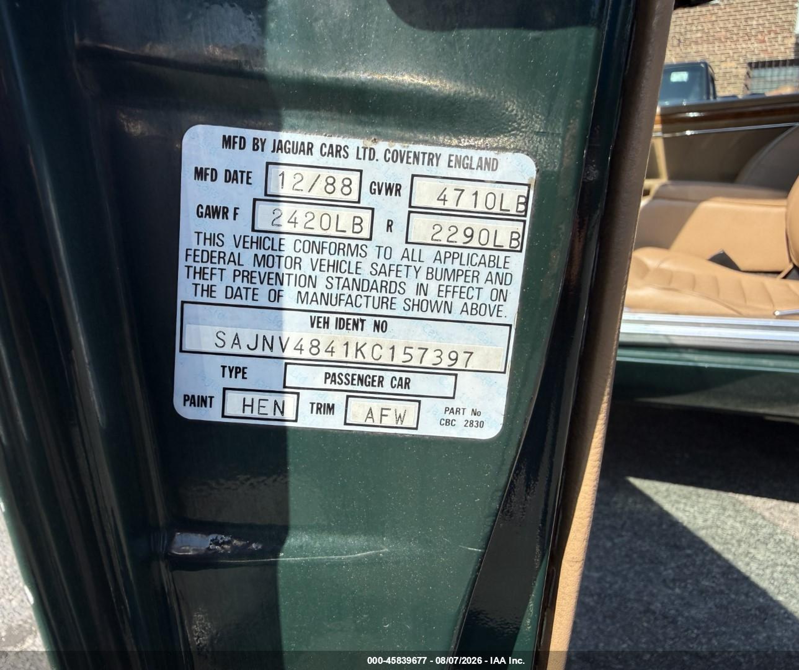 1989 Jaguar Xjs   Green vin: SAJNV4841KC157397