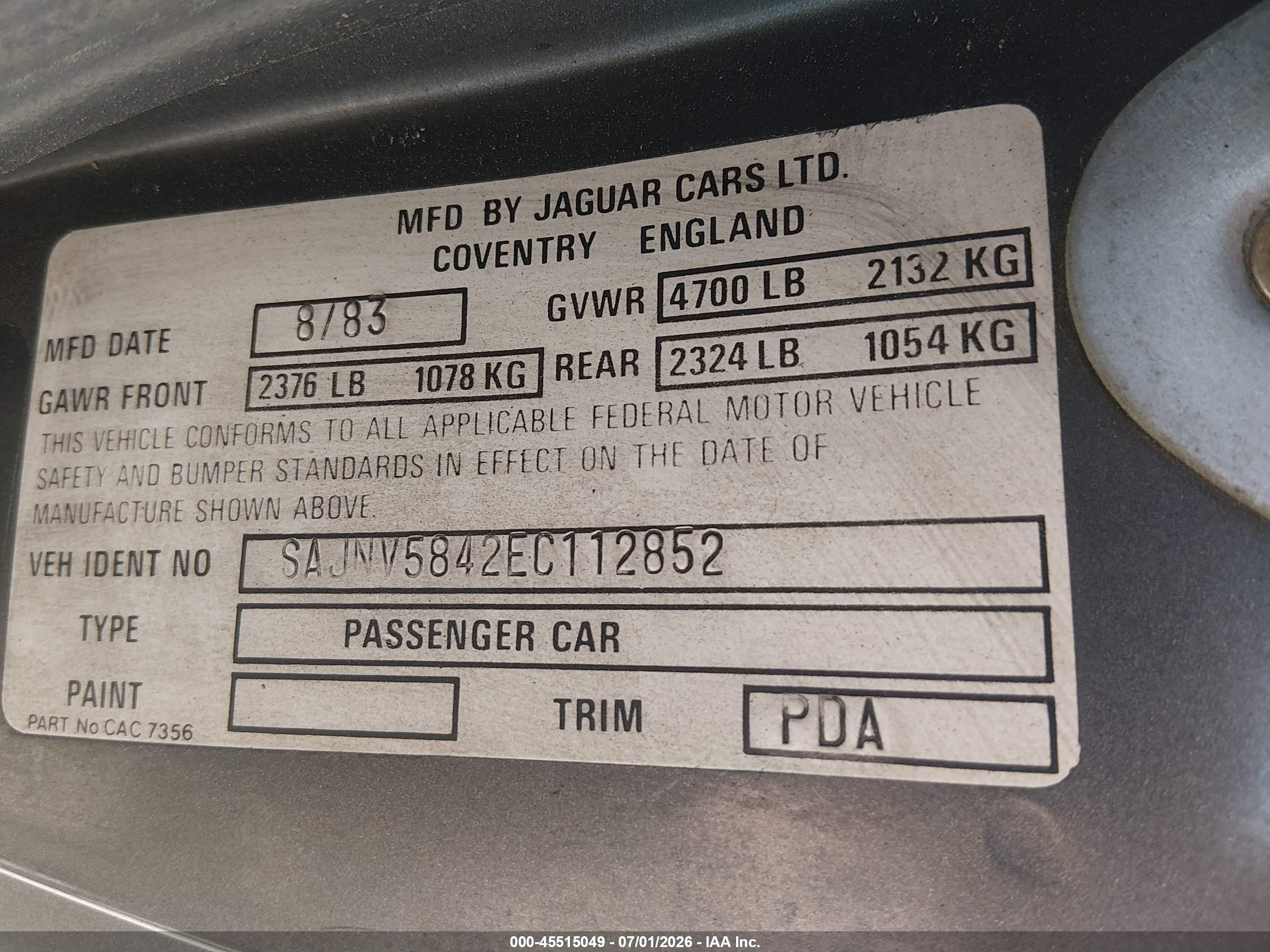 1984 Jaguar Xjs   Серый vin: SAJNV5842EC112852