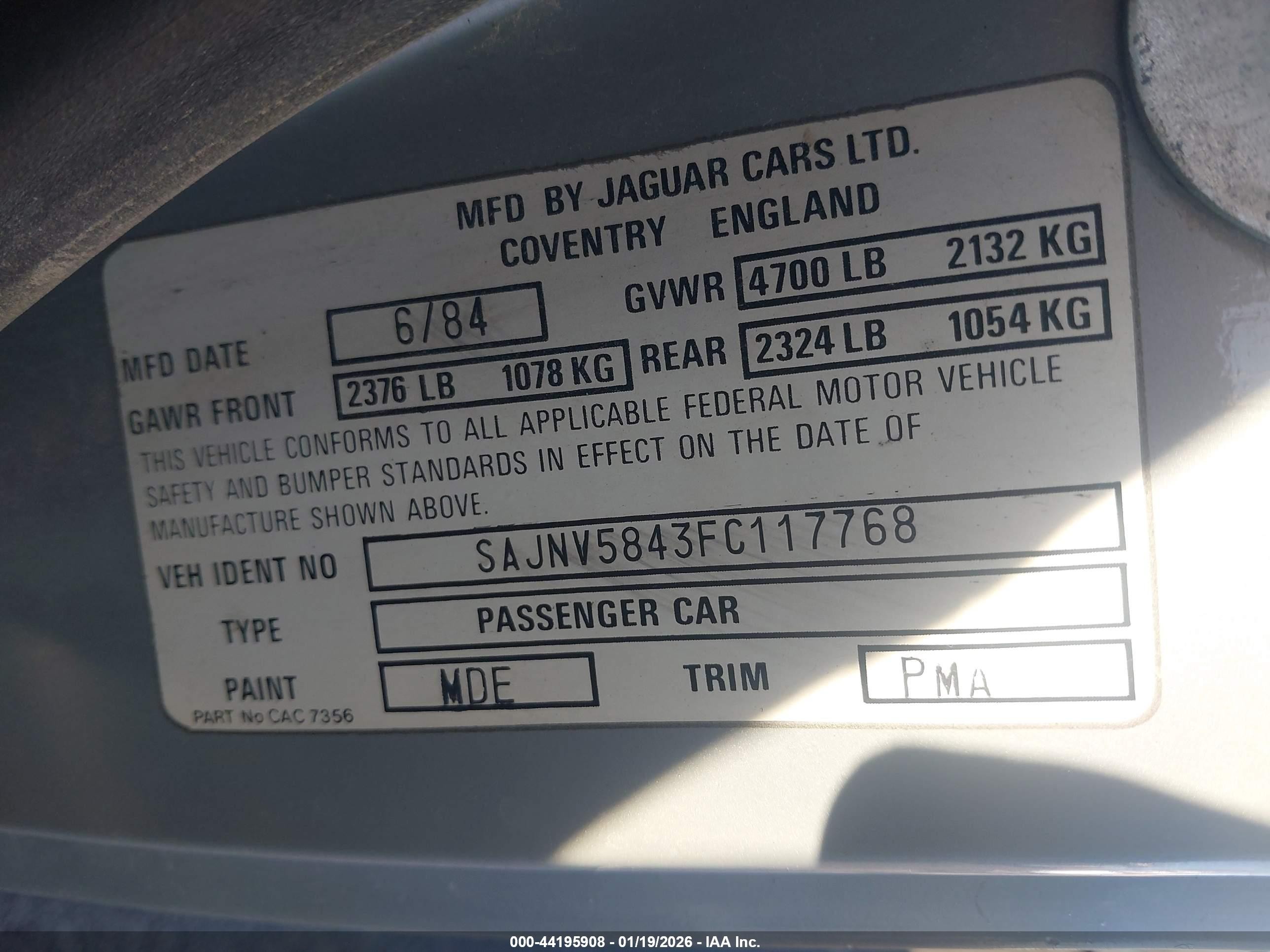 1985 Jaguar Xjs   Silver vin: SAJNV5843FC117768