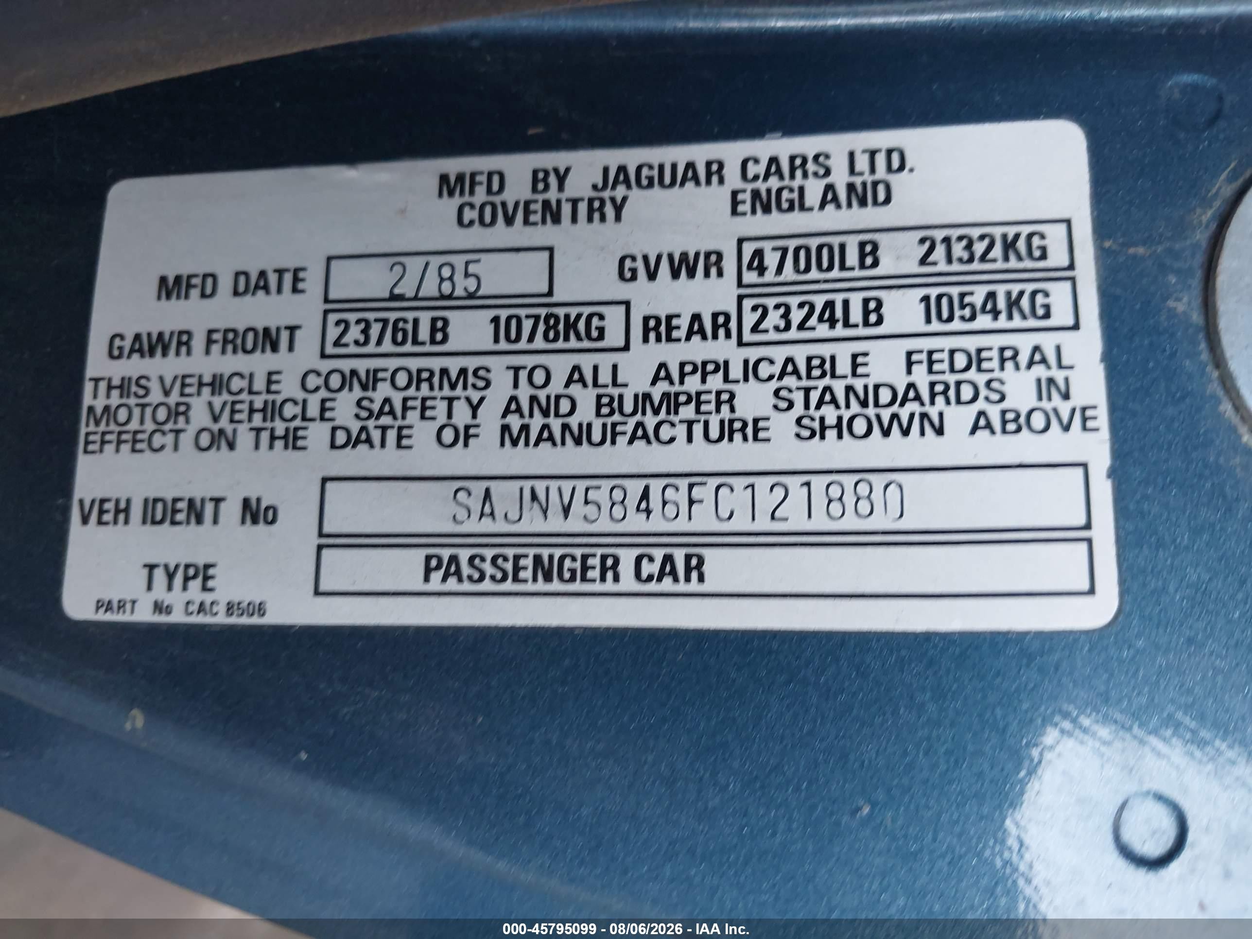 1985 Jaguar Xjs   Blue vin: SAJNV5846FC121880