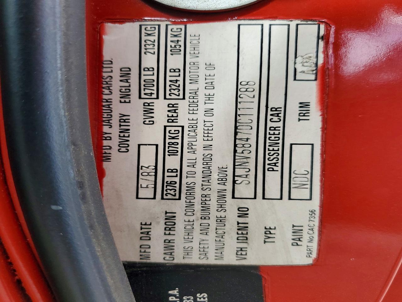 1983 Jaguar Xjs Red vin: SAJNV5847DC111288