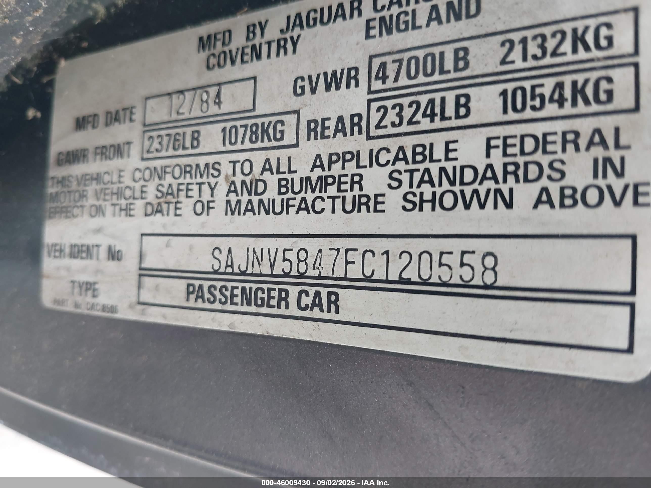 1985 Jaguar Xjs   Серый vin: SAJNV5847FC120558