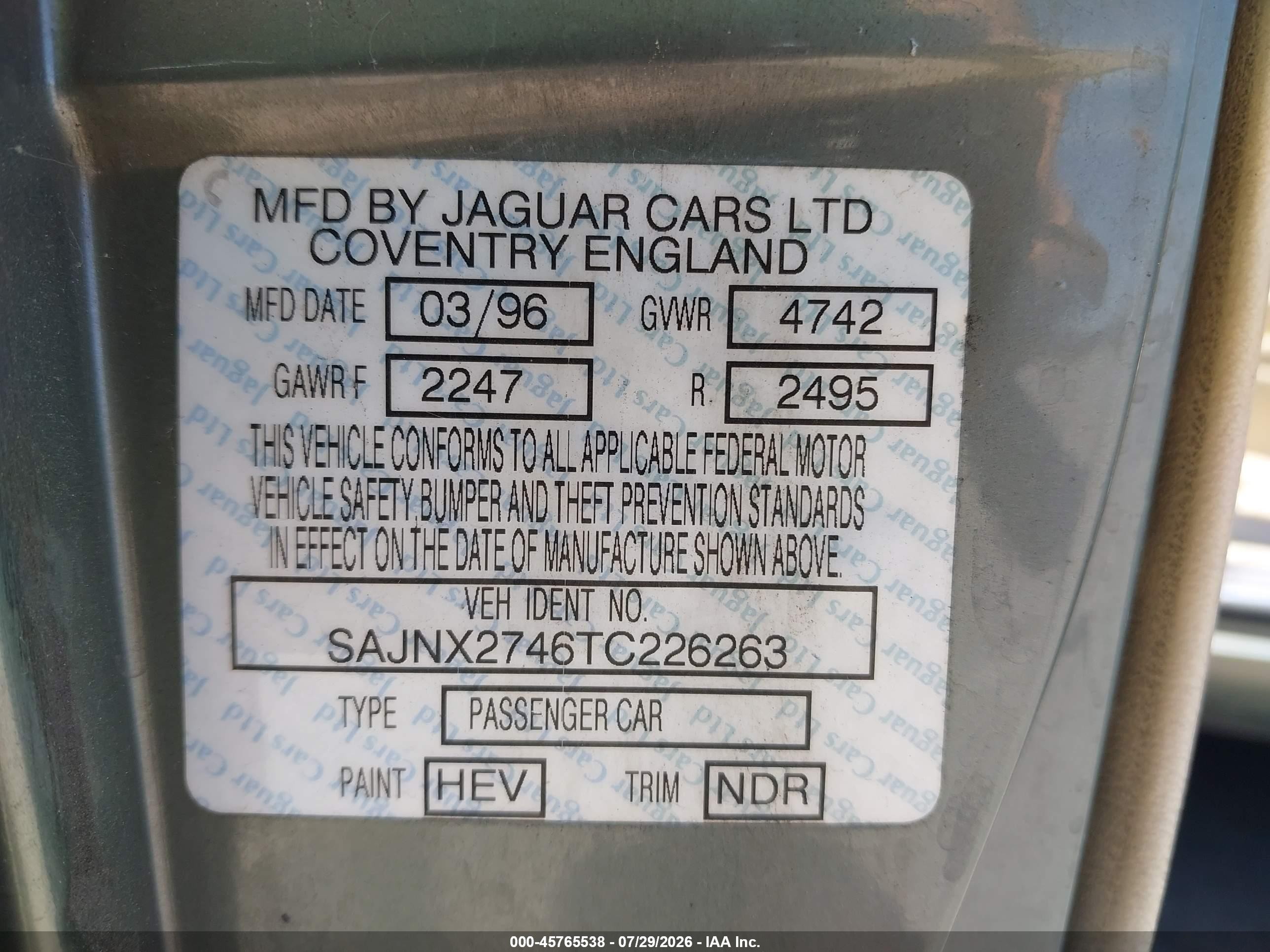 1996 Jaguar Xjs 2+2 Зеленый vin: SAJNX2746TC226263