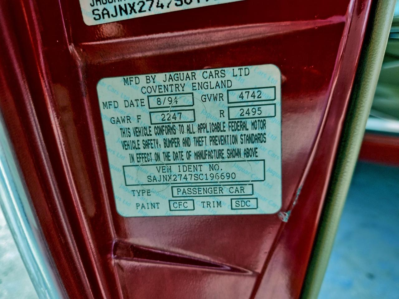 1995 Jaguar Xjs 2+2 Red vin: SAJNX2747SC196690