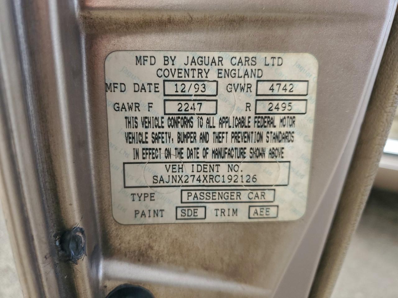 1994 Jaguar Xjs 2+2 Gold vin: SAJNX274XRC192126