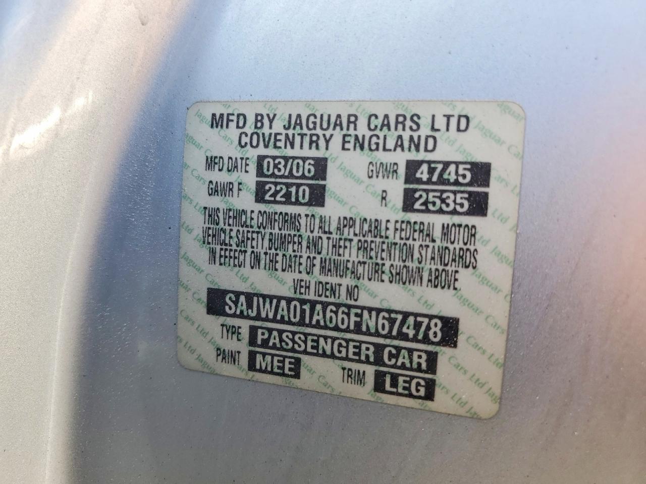 2006 Jaguar S-type Silver vin: SAJWA01A66FN67478