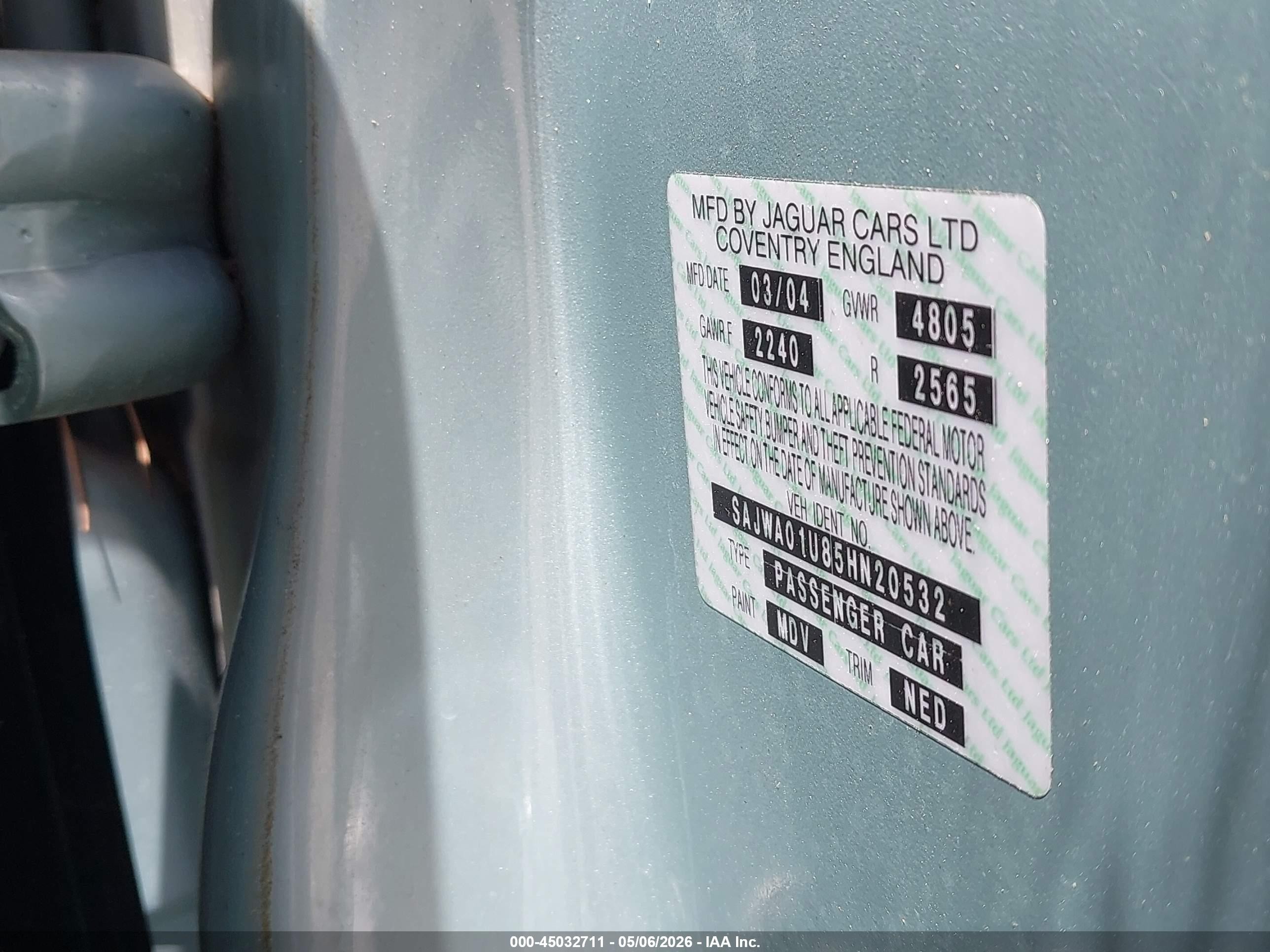 2005 Jaguar S-type 4.2l V8 Light Blue vin: SAJWA01U85HN20532