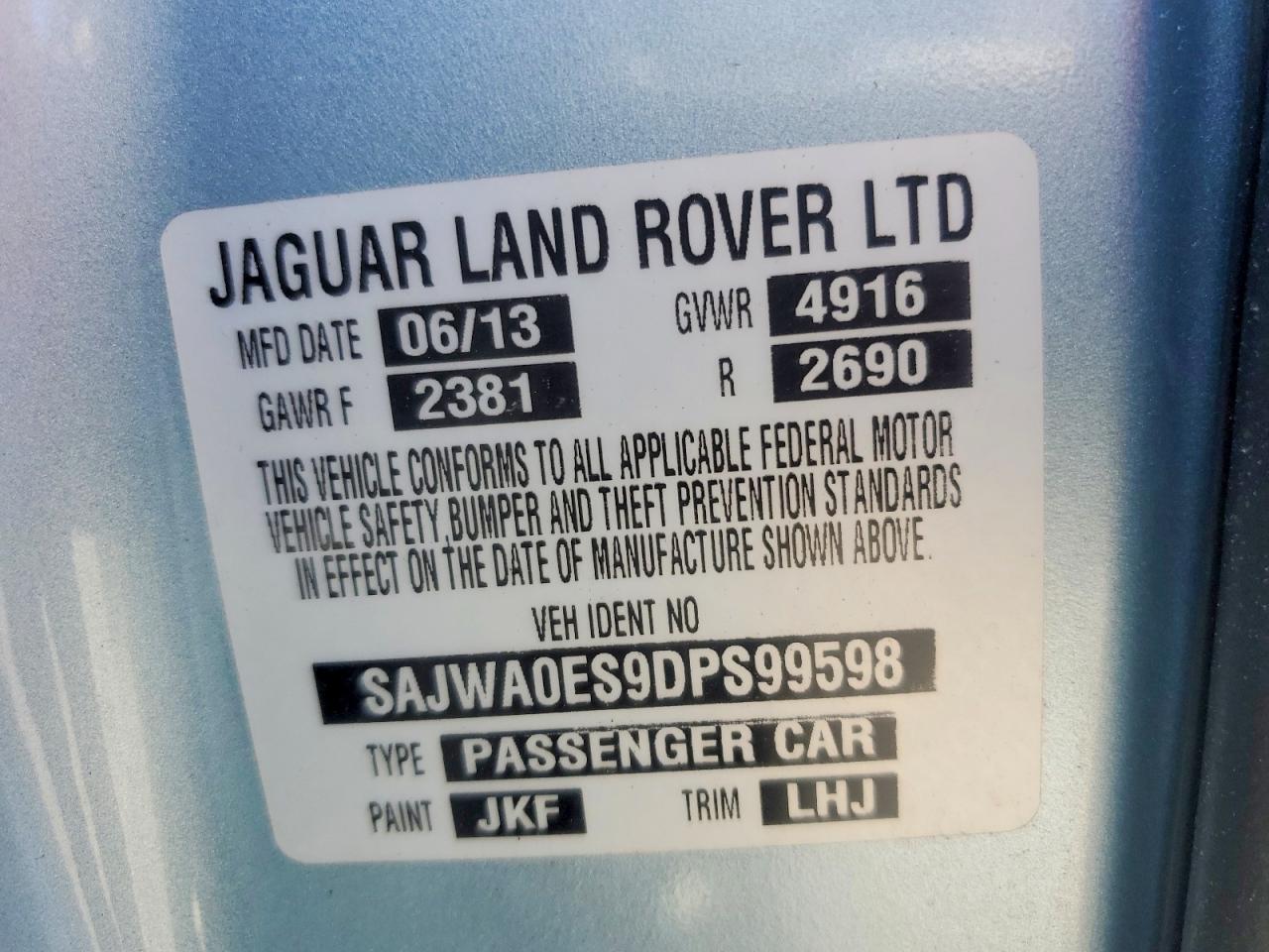 2013 Jaguar Uk Blue vin: SAJWA0ES9DPS99598