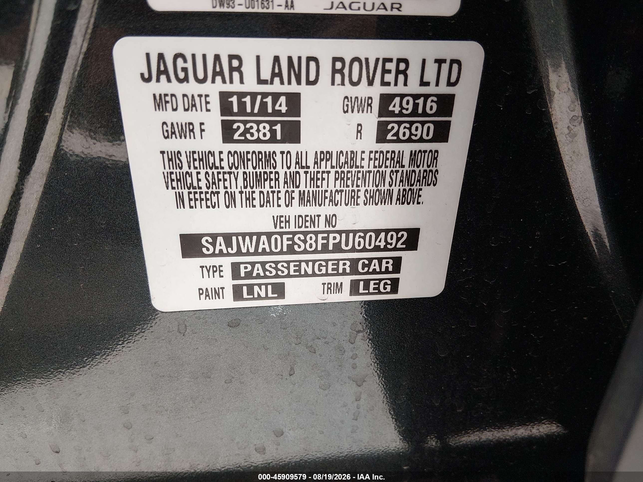 2015 Jaguar Xf 2.0t Premium Black vin: SAJWA0FS8FPU60492