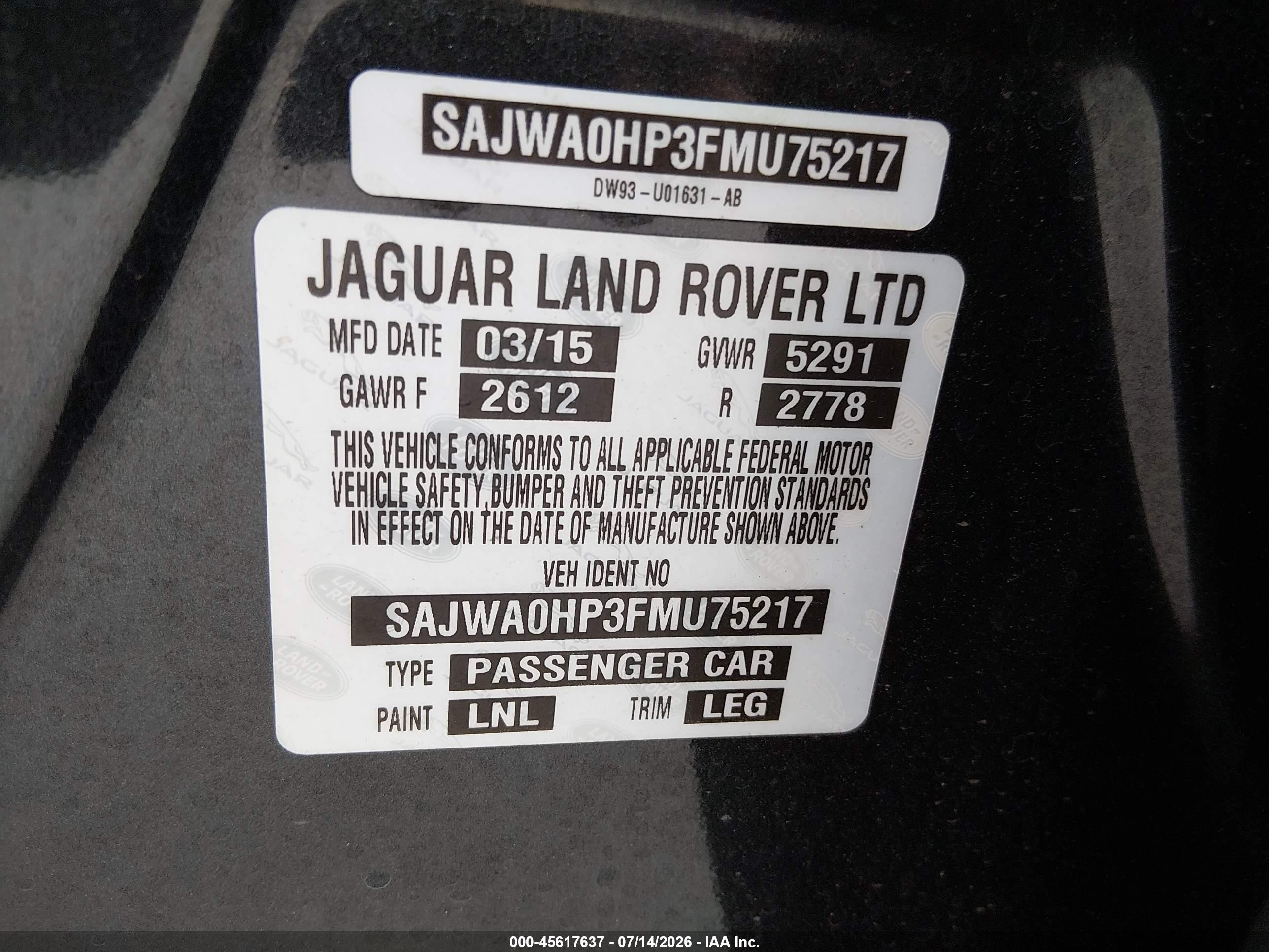 2015 Jaguar Xf 5.0l Supercharged Black vin: SAJWA0HP3FMU75217