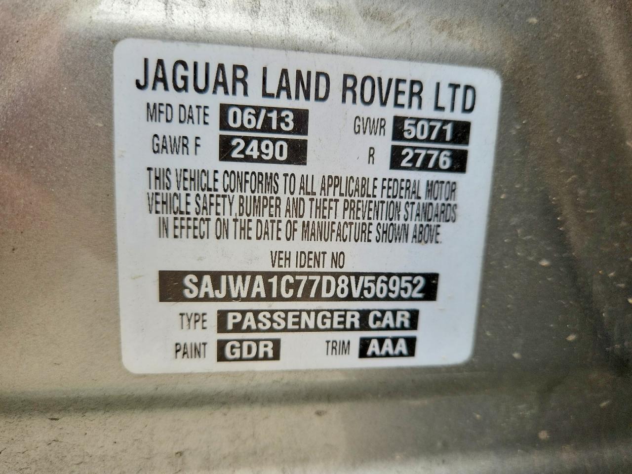 2013 Jaguar Xj Gray vin: SAJWA1C77D8V56952