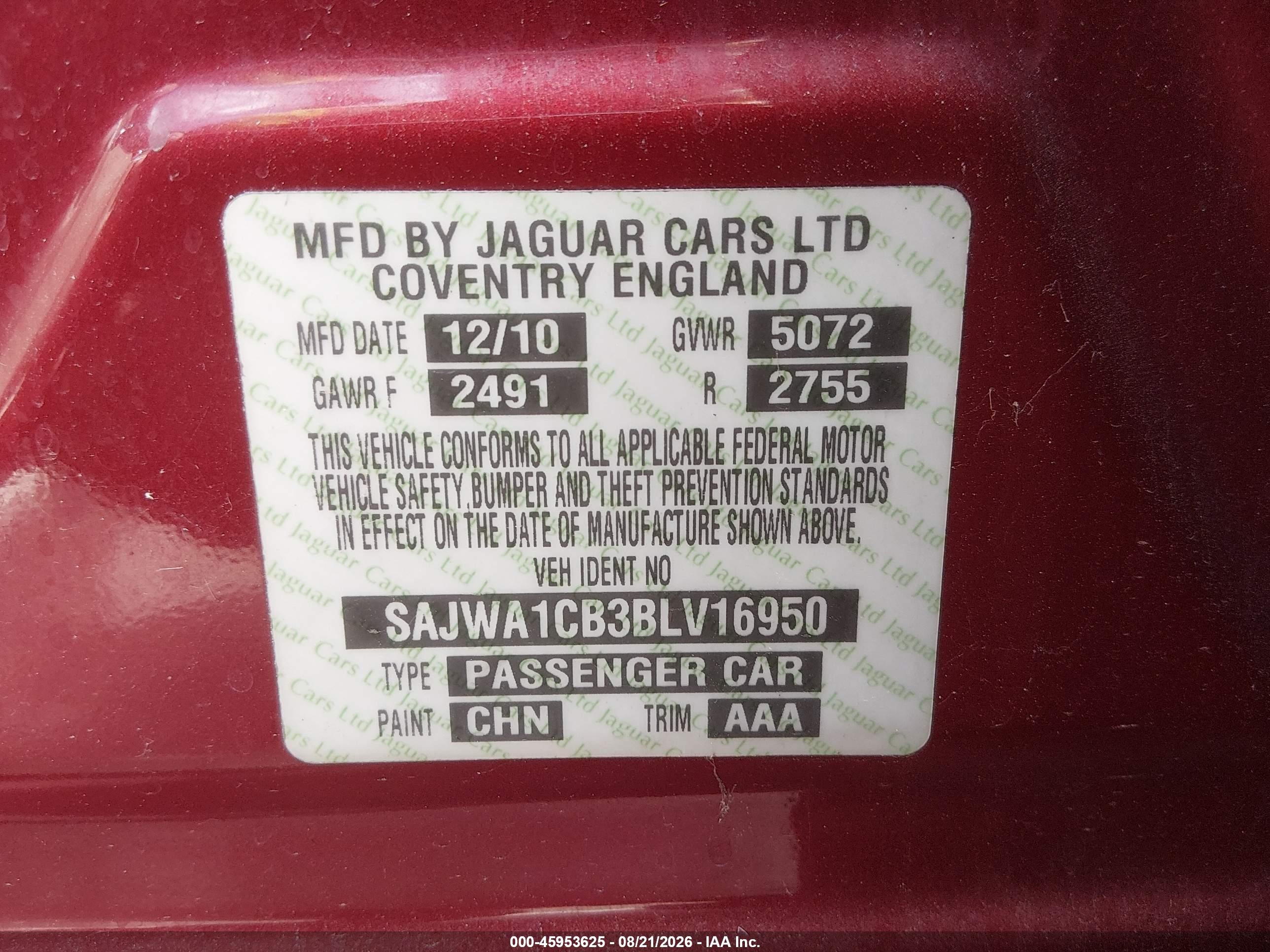 2011 Jaguar Xj   Red vin: SAJWA1CB3BLV16950