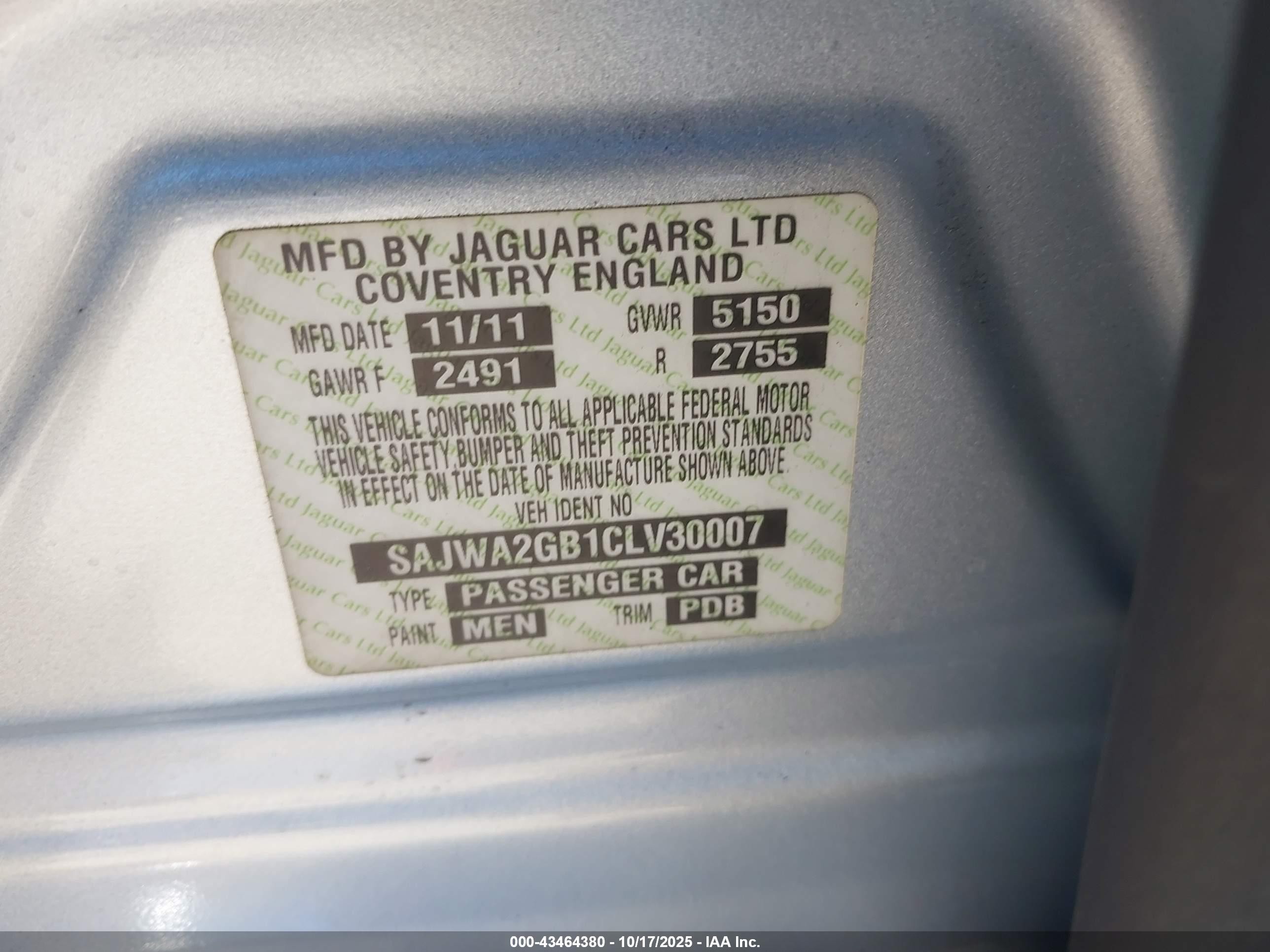 2012 Jaguar Xj Xjl Portfolio Silver vin: SAJWA2GB1CLV30007