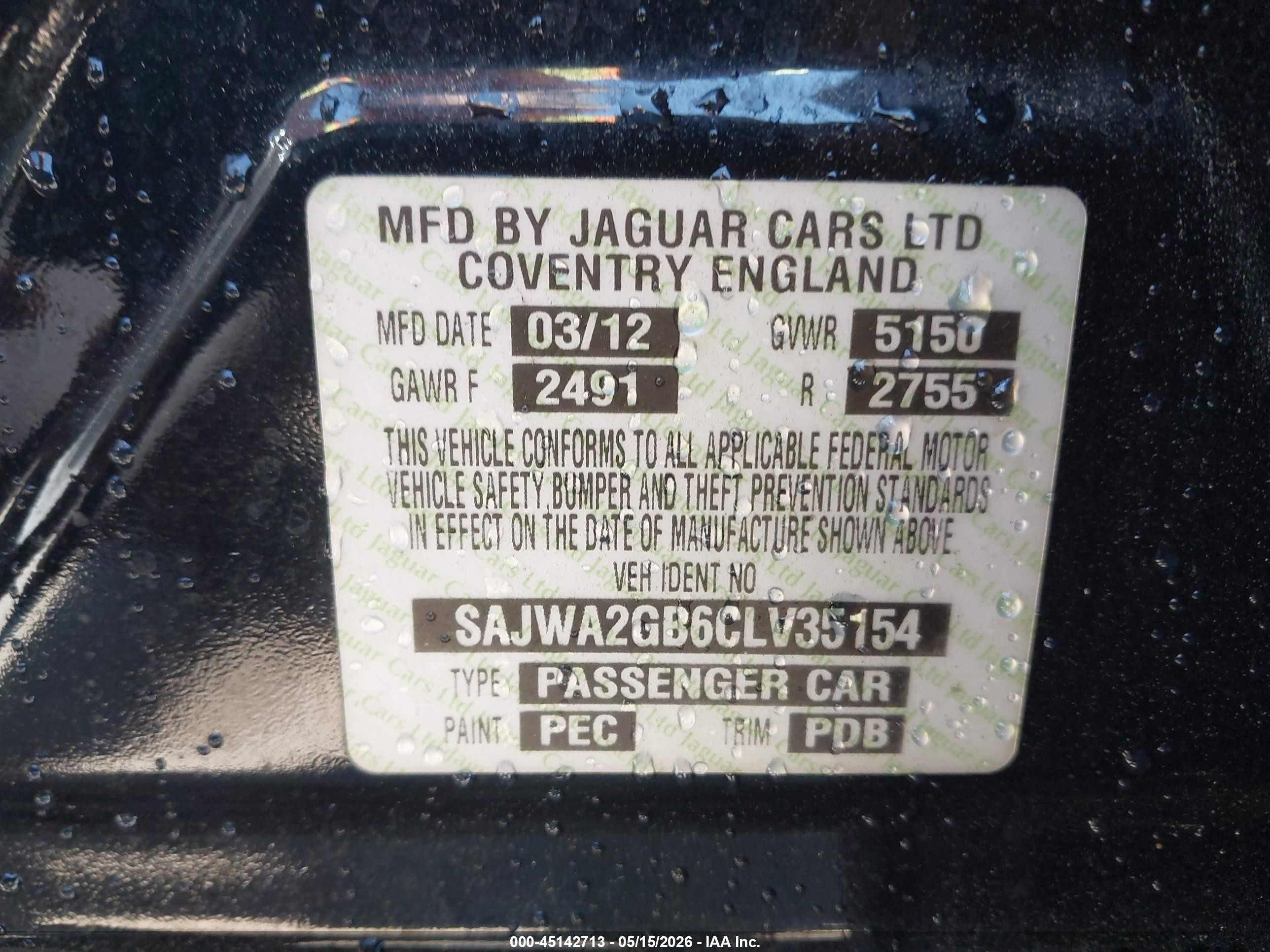 2012 Jaguar Xj   Black vin: SAJWA2GB6CLV35154