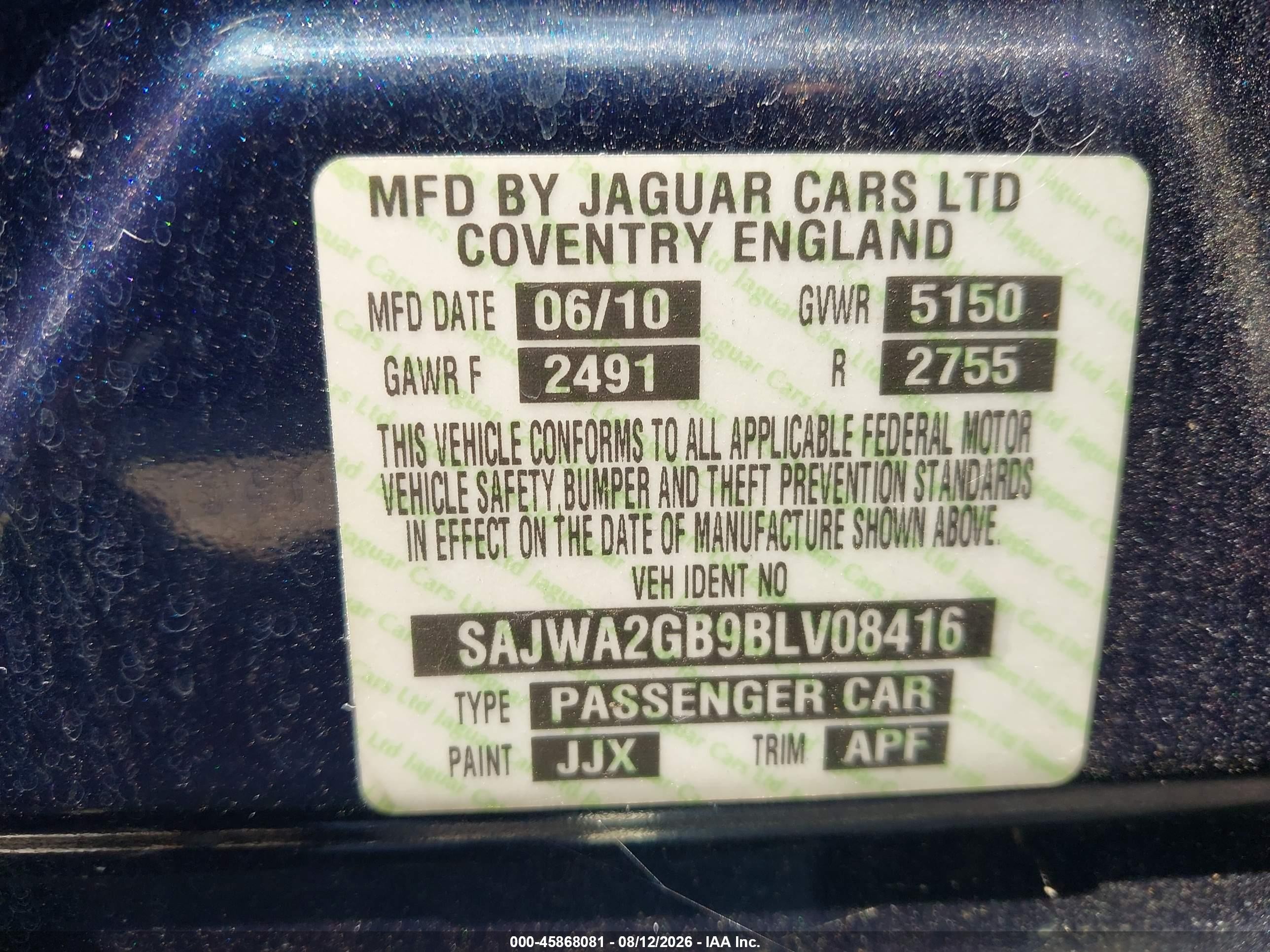 2011 Jaguar Xj (a6) Blue vin: SAJWA2GB9BLV08416