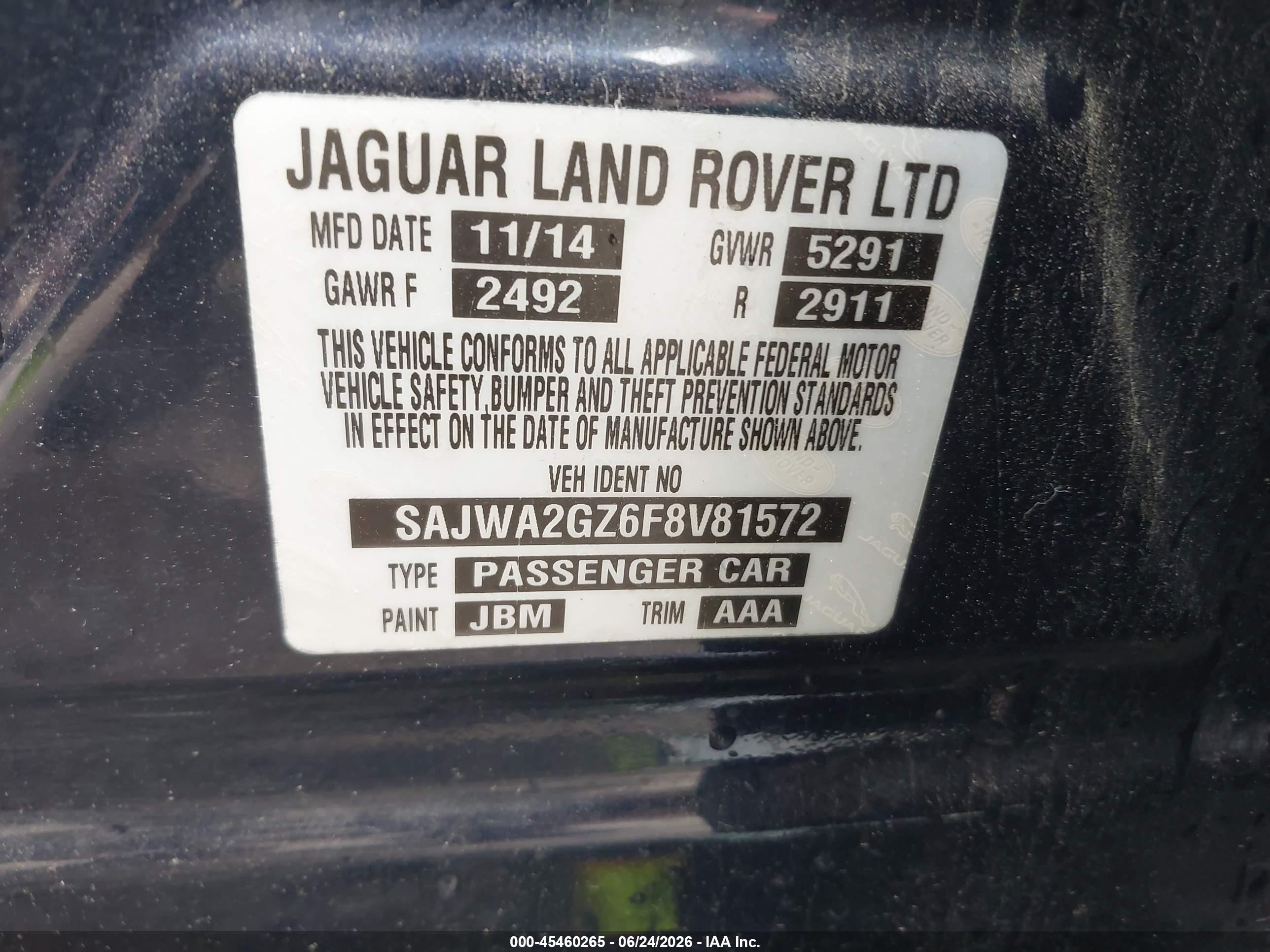 2015 Jaguar Xj Xjl Portfolio Blue vin: SAJWA2GZ6F8V81572