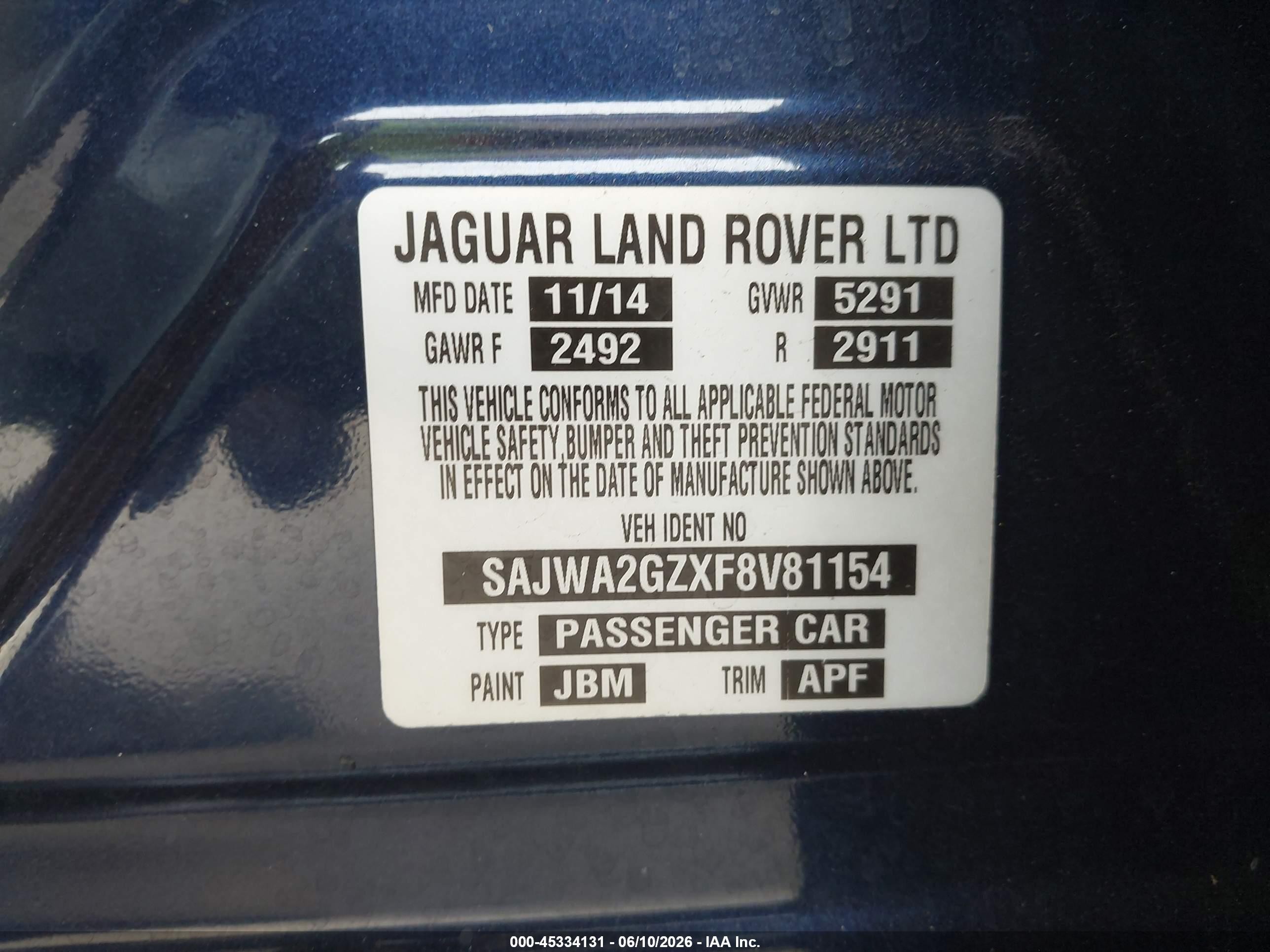 2015 Jaguar Xj Xjl Portfolio Blue vin: SAJWA2GZXF8V81154